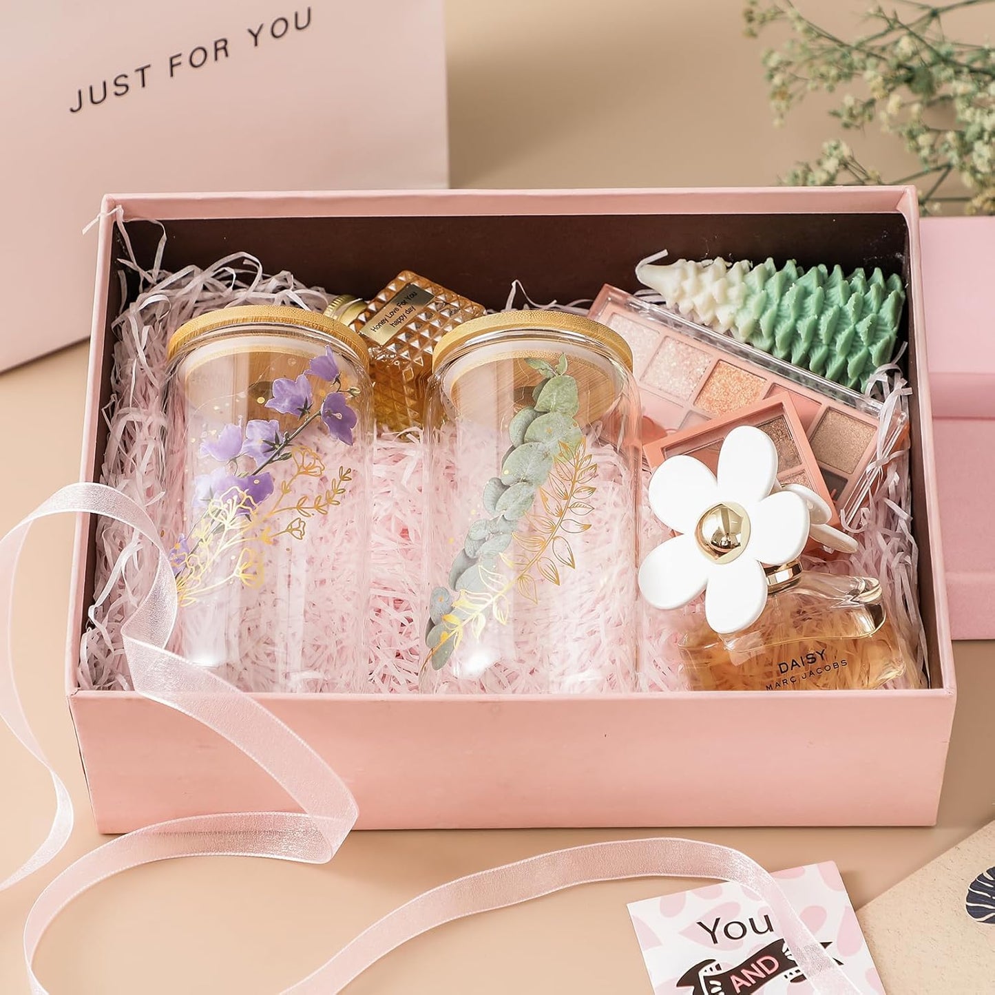 NETANY 2 Pack Glass Cups with Bamboo Lids and Straws 16 oz, Gifts for Women, Drinking glasses set, Iced Coffee, Tea Cup, Cute Aesthetics Tumbler Cup, Mothers Day, Birthday Gifts for Her Mom