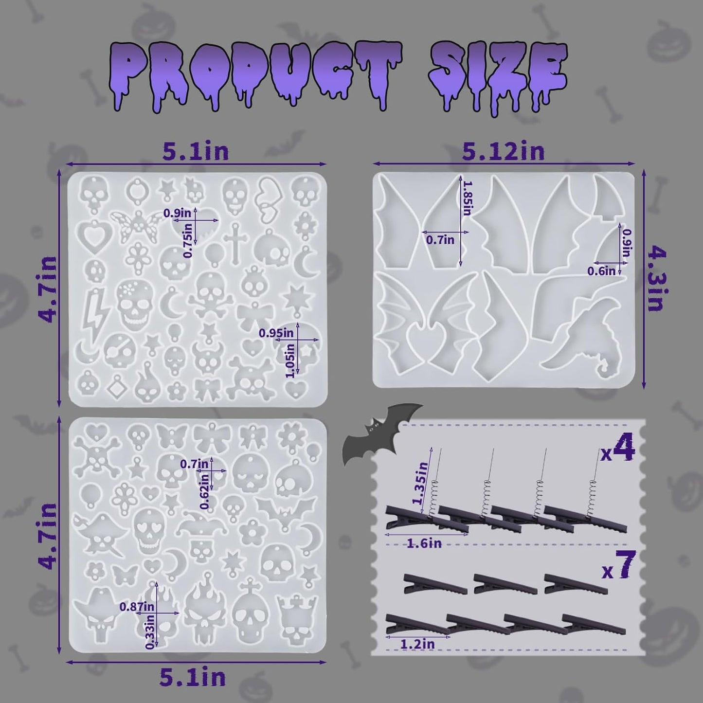 Halloween Resin Earrings Mold 3pcs Resin Jewelry Molds, Various Skull Silicone Molds Wing Hair Clips Mould, DIY Epoxy Ornaments Earring Pendants Necklaces Keychain Making Kit Holiday Gifts