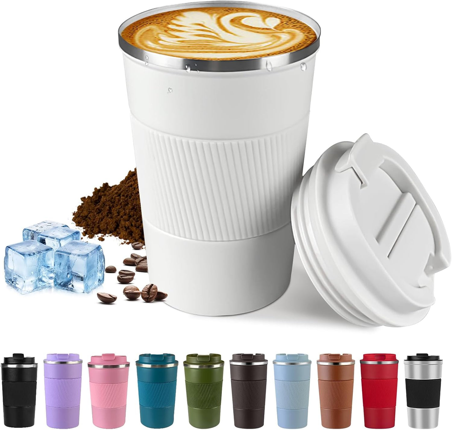 Vacuum-Insulated Stainless Steel Travel Coffee Mug, Leak-Proof Reusable Coffee Cup with Lid - Keep Hot & Cold Drinks for Hours, Durable Thermos Tumbler for Men & Women (3rd-White, 12OZ)