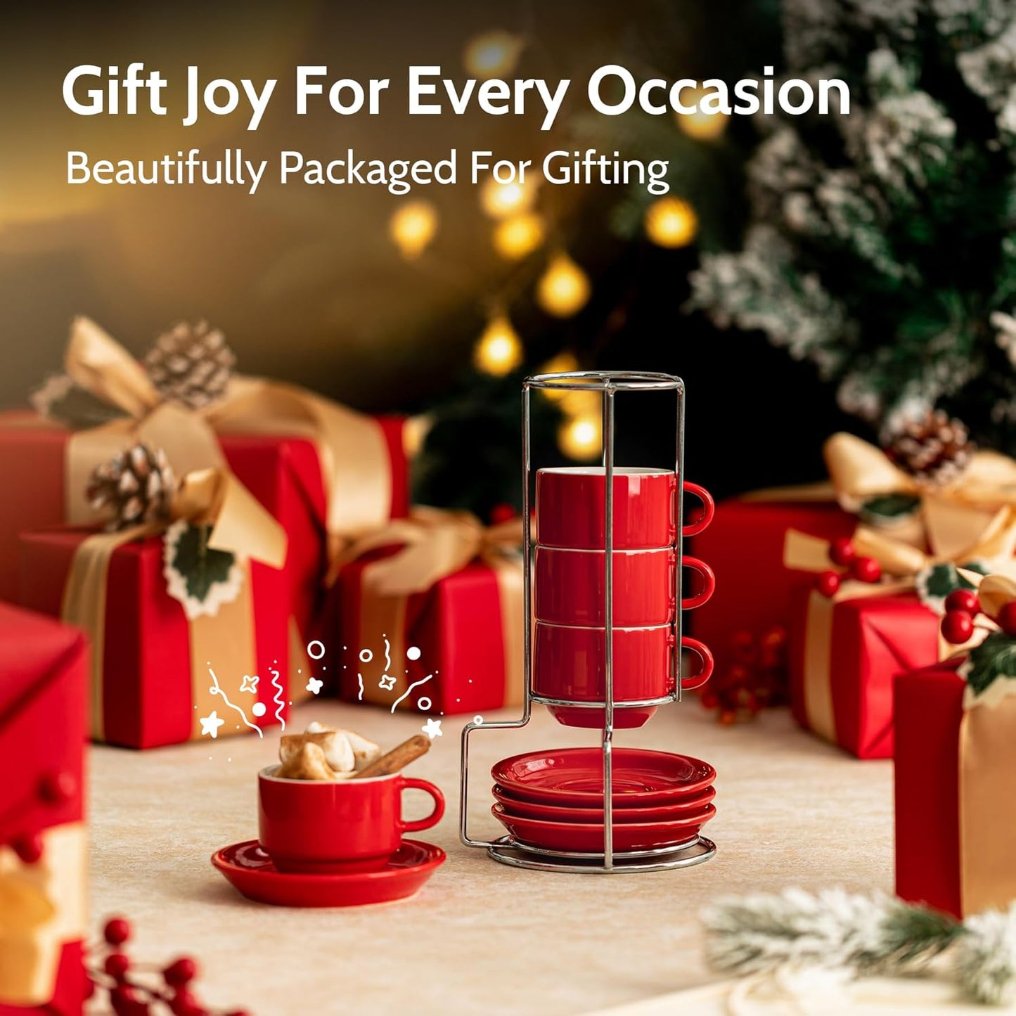 Sweese 4 Ounce Porcelain Stackable Espresso Cups with Saucers and Metal Stand Set of 4, Red