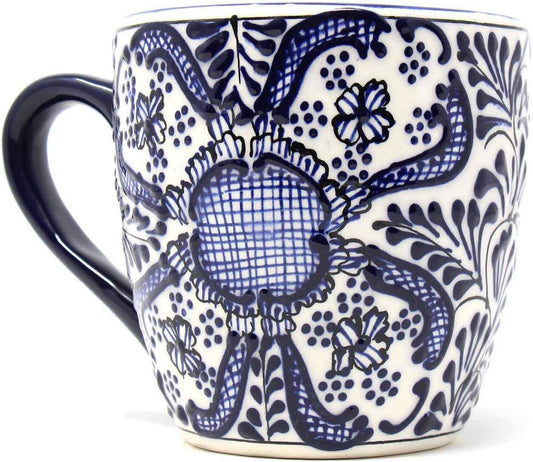 Encantada Handmade Hand-Painted Authentic Mexican Pottery Mugs (1-Pack, Cobalt Blue Flower)