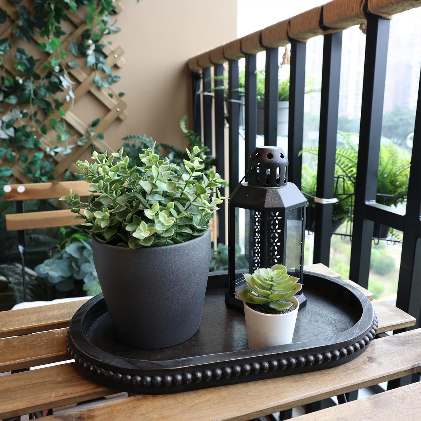 Vintage Black Oval Wood Decorative Ottoman Tray for Coffee Table Kitchen Counter, Living Room, Handcrafted Wooden Serving Tray for Table Centerpiece