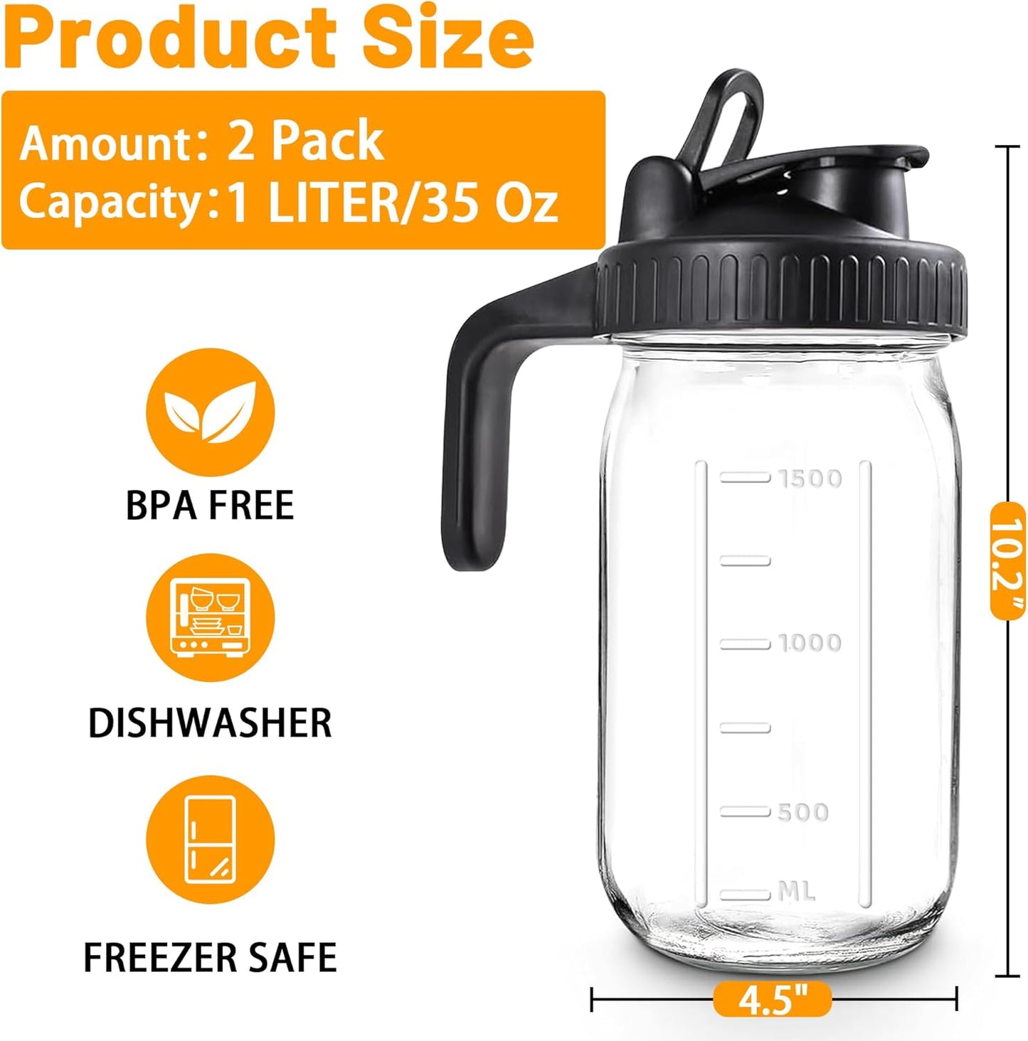 64oz Glass Pitcher with Lid-2 Quart, Heavy Duty Glass Mason Jar Pitcher 2 Packs, Leak-Proof Wide Mouth Jar with Pouring Airtight Lid, Ideal Container for Water, Juice, Milk and Drinks Storage