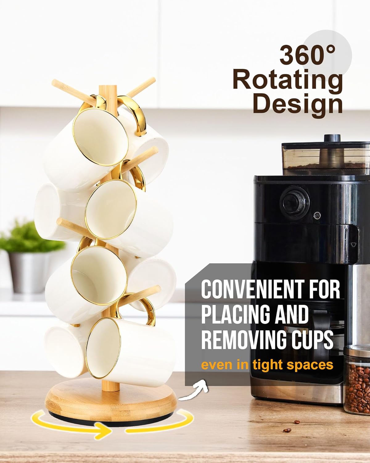 Lorbro Coffee Mug Tree, 360° Rotated Mug Holder with 8 Hooks, Wooden Coffee Cup Holder, Upgraded Mug Rack for Countertop, Coffee Mug Organizer Storage Stand, Coffee Bar Accessories & Kitchen Decor