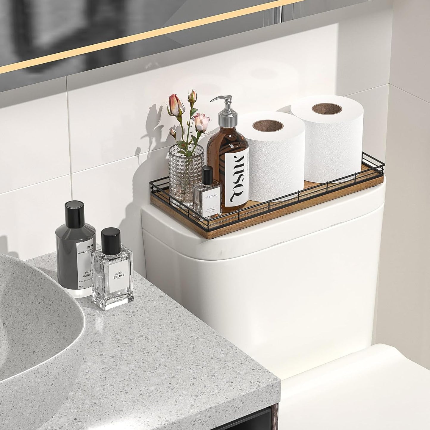 Bathroom Toilet Tank Tray, 13" Wood Toilet Paper Storage Basket Tray Back of Toilet Basket Organizer,Vanity Tray for Perfume Makeup Candle Decor, Black & Farmhouse Brown