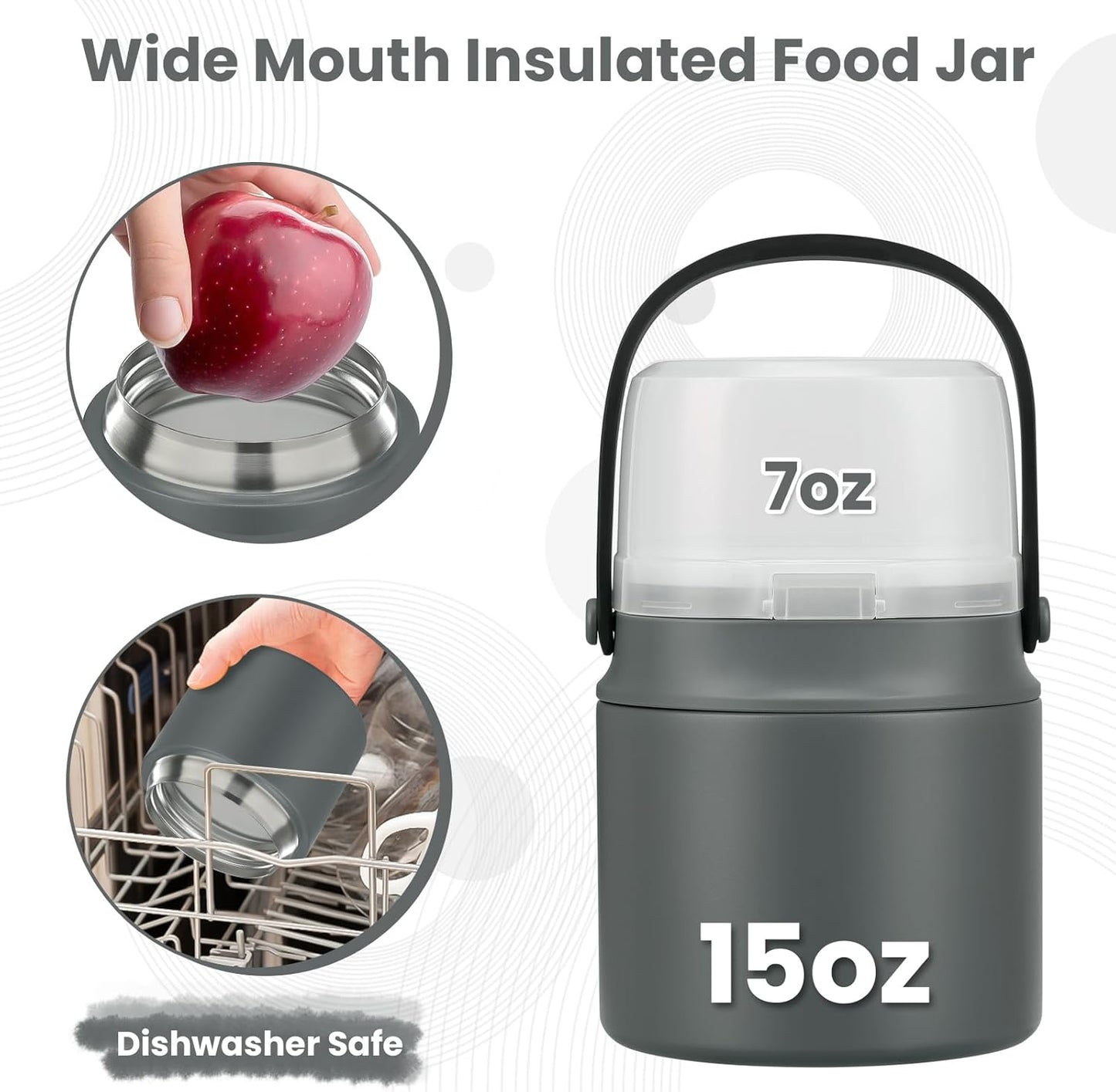 2-in-1 Insulated Food Jar & Snack Container - 15oz Kids Soup Thermos for Hot Food with Handle and Spoon, Leak Proof Reusable Toddler Snack Box, Perfect for School & Travel, Grey