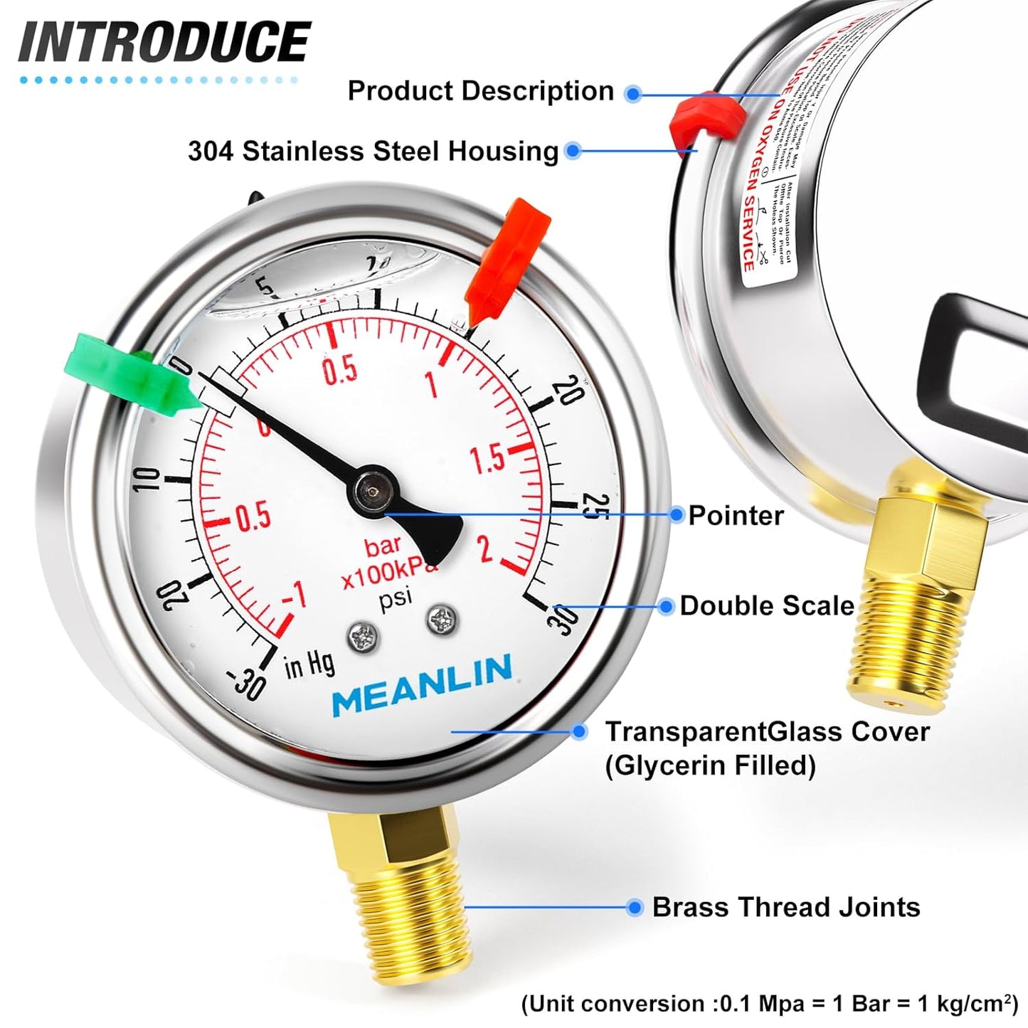 MEANLIN MEASURE -30inHG~30Psi Vacuum Pressure Gauge 1/4" NPT 2.5" FACE DIAL, Stainless Steel Liquid Filled Pressure Gauge WOG Water Oil Air Lower Mount (with 2PCS Snaps)