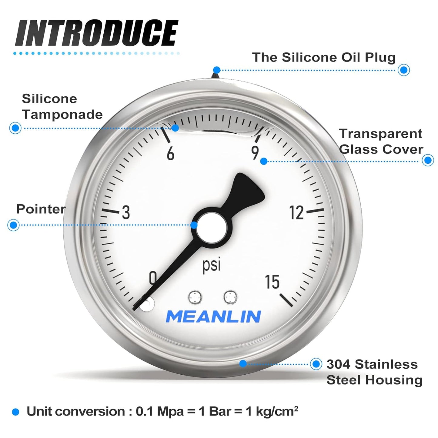 MEANLIN MEASURE 0~15Psi Stainless Steel 1/4" NPT 2.5" Single Scale FACE DIAL,Glycerin Filled Pressure Gauge, WOG Water Oil Air Back Mount, with 1/4" x 1/2" NPT and 1/4" x 3/8" NPT Hex Bushing