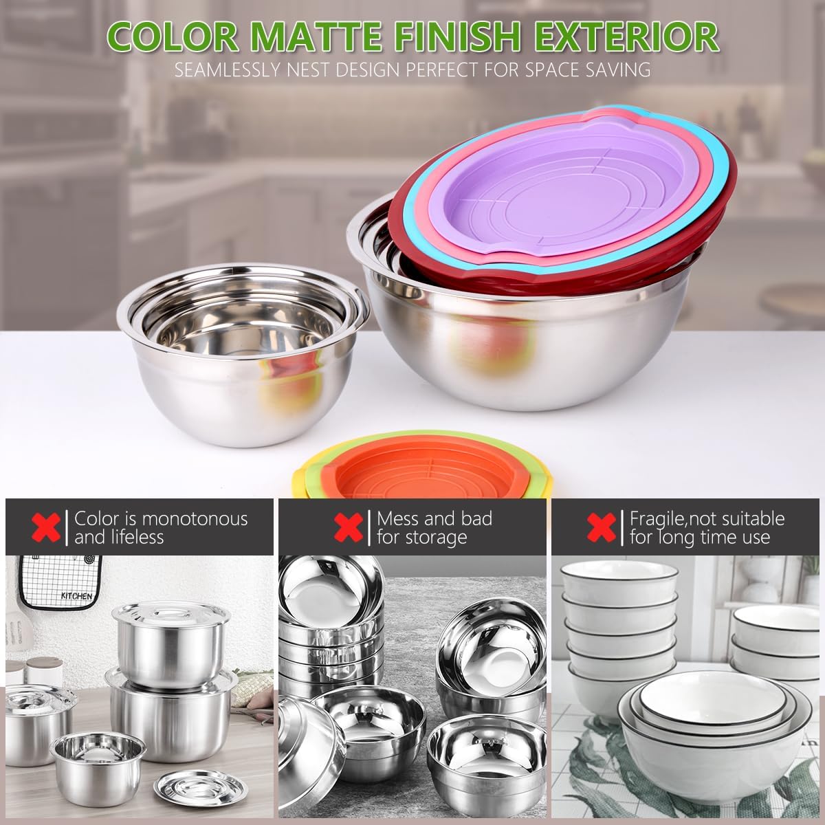 Mixing Bowls with Lids for Kitchen - 26 PCS Stainless Steel Nesting Colorful Mixing Bowls Set for Baking,Mixing,Serving & Prepping,Size 5, 3.7, 2.8, 2.3, 1.7, 1.1, 0.7QT,11 Cooking Utensils
