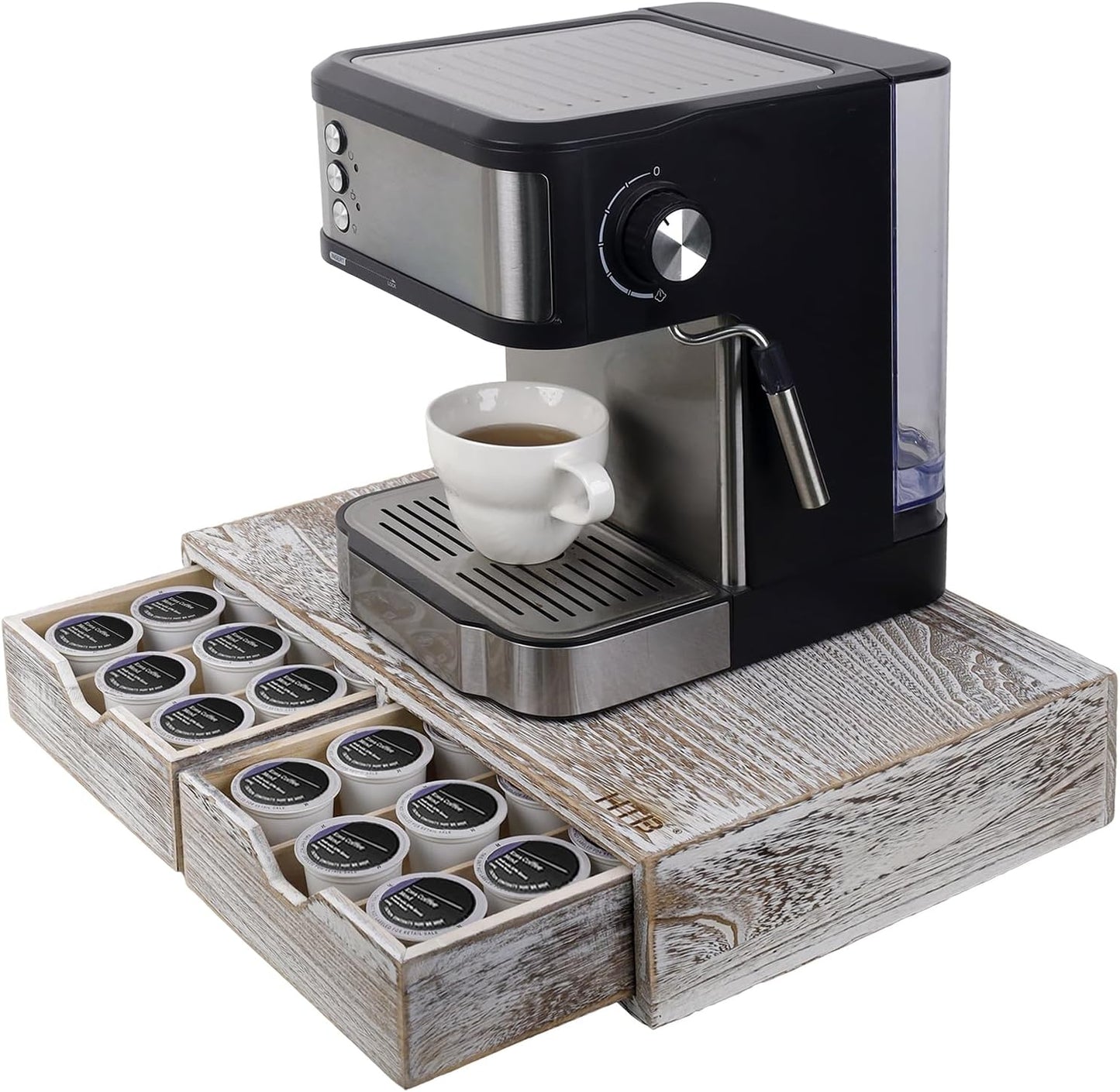 HTB K Cup Holder Compatible with K Cups, Coffee Pod Holder Holds Up 30 Cups, K Cup Organizer Storage Drawer Wood K Cup Drawer Vintage White