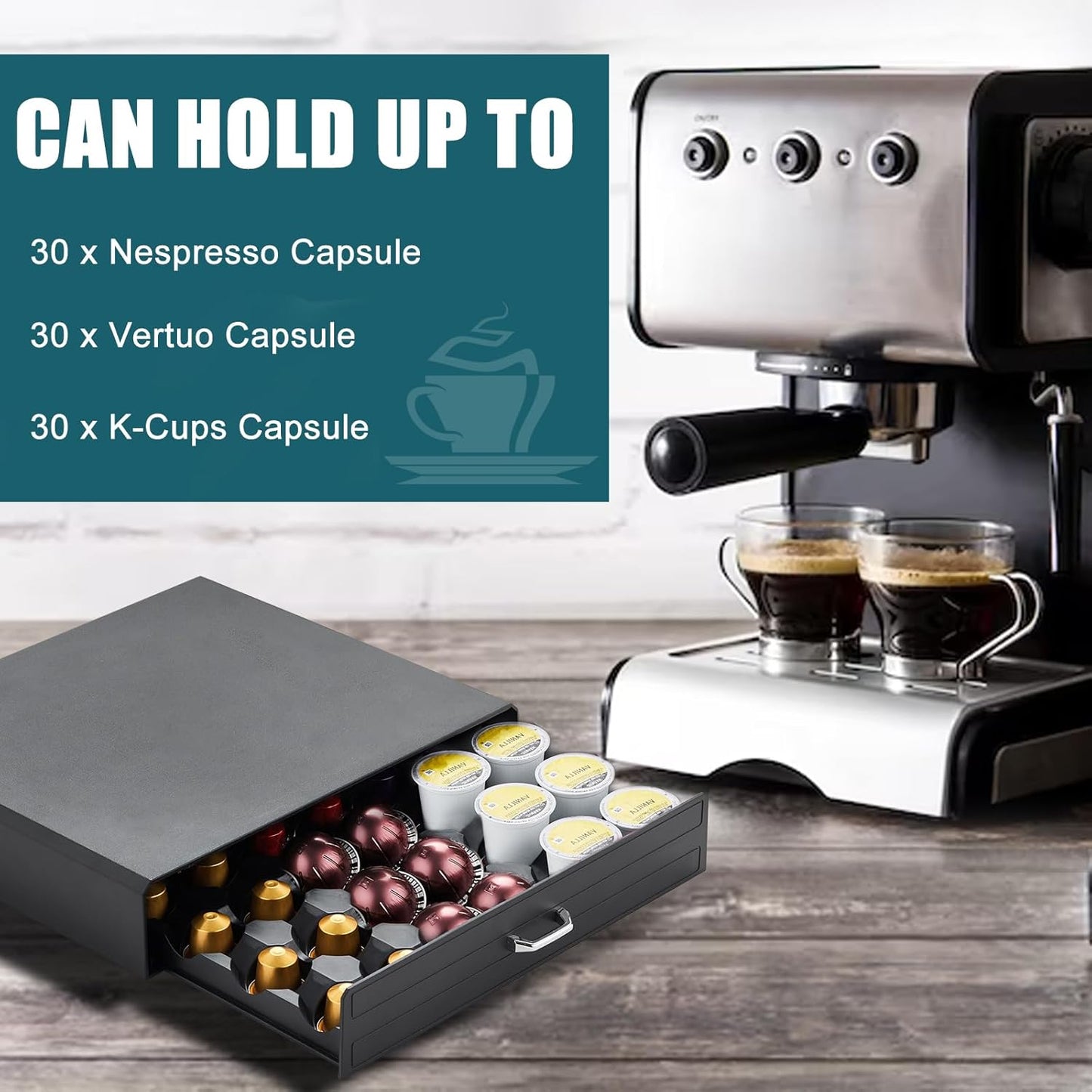 K Cup Holder Drawer 30 Pods Capacity, One Drawer Design for Nespresso/Keurig/Vertuo Pod Holder, Black