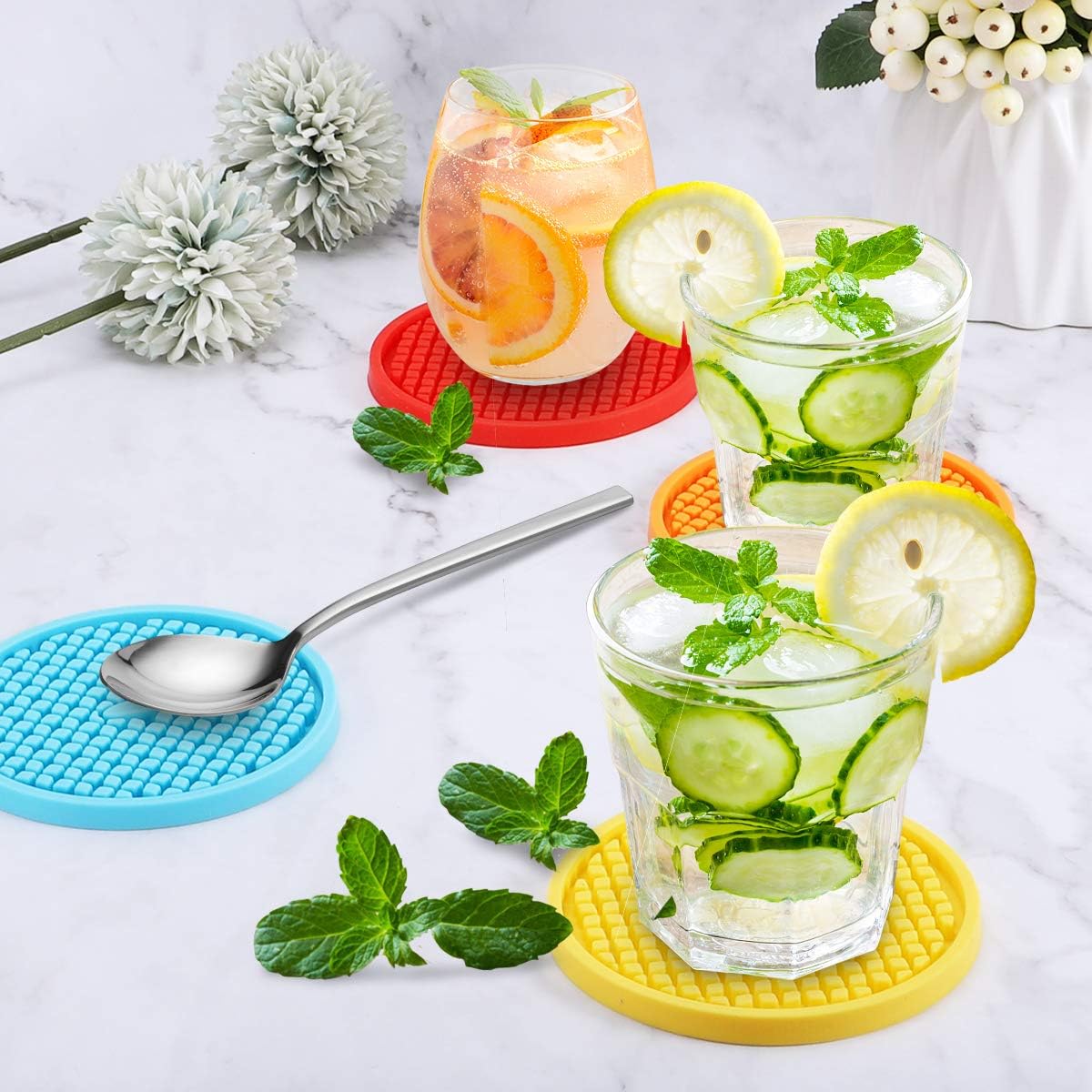 ME.FAN Silicone Coasters [6 Pack] Thickened Drink Coasters with Holder - Cup Mat - Non-Slip, Non-stick, Stay Put, Deep Tray - Prevents Furniture and Tabletop Damages(Navy Blue)