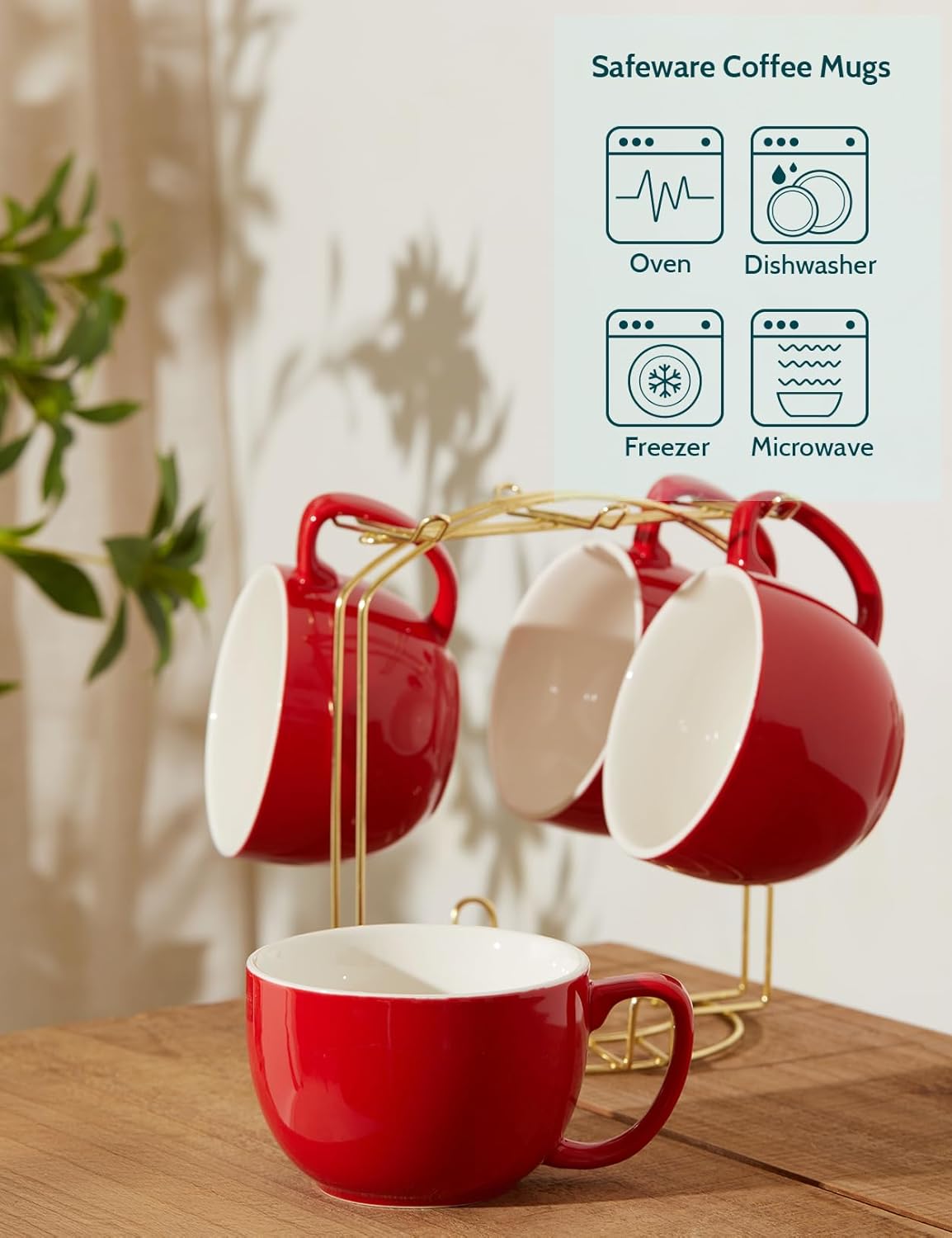 Teocera 16oz Large Coffee Mugs Set of 4 - Thick White Porcelain Cups for Cappuccino, Latte, Tea & Hot Chocolate - Dishwasher Safe Ceramic with Comfort Grip Handles (Red)