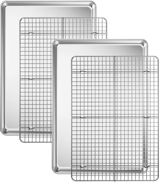Baking Sheet with Cooling Rack Set [2 Sheets + 2 Racks], Deedro Stainless Steel Cookie Half Sheets Baking Pan Oven Tray with Rack, 17.3 x 12.3 x 1 Inch, Heavy Duty, Non-toxic, Dishwasher Safe