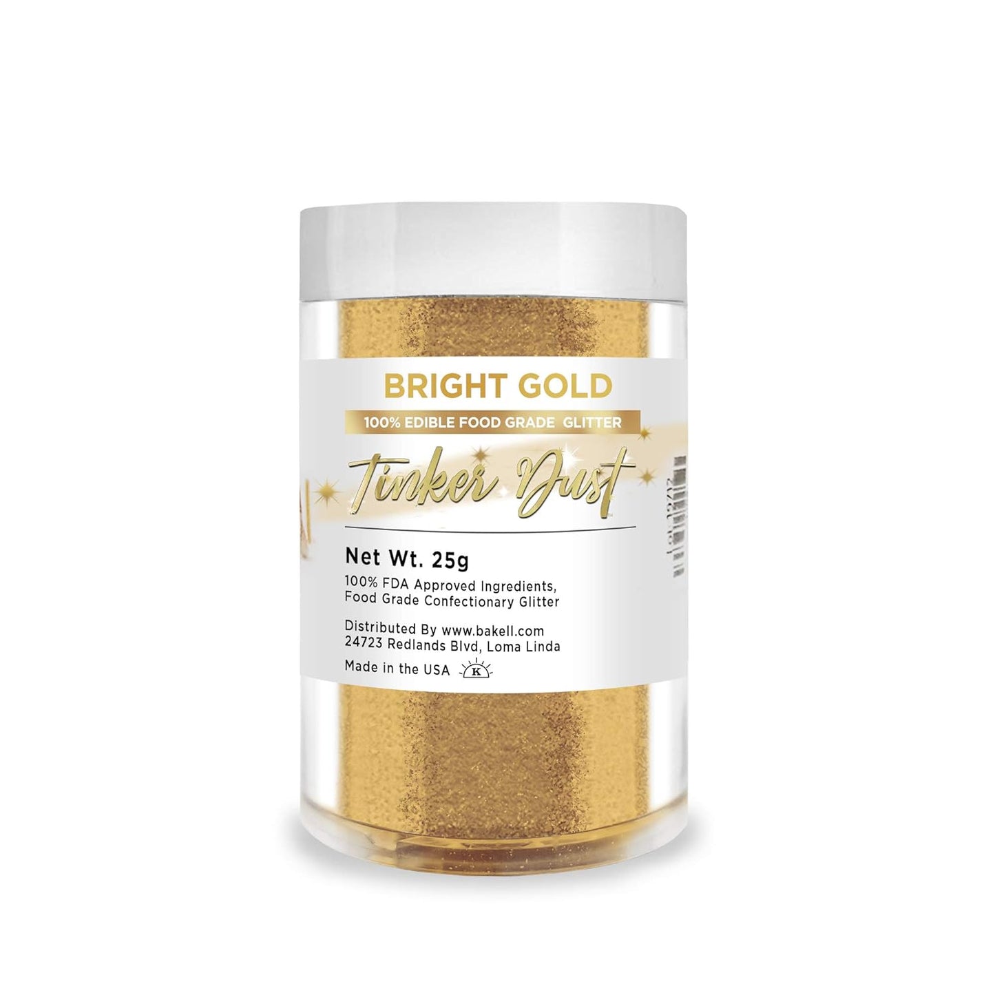 BAKELL Bright Gold Edible Glitter, 25 Grams | TINKER DUST Edible Glitter | KOSHER Certified | 100% Edible Glitter | Cakes, Cupcakes, Cake Pops, Drinks, Dessert Vegan Glitter & Dusts (25g, Bright Gold)