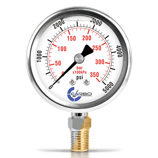 Stainless Steel Pressure Gauge Dual Display (0-5000 psi/kPa) - 2 1-2" Glycerine Liquid Filled Water Air Oil Gas Gauge with Polycarbonate Lens & Brass Connection -1/4" NPT Lower Mount