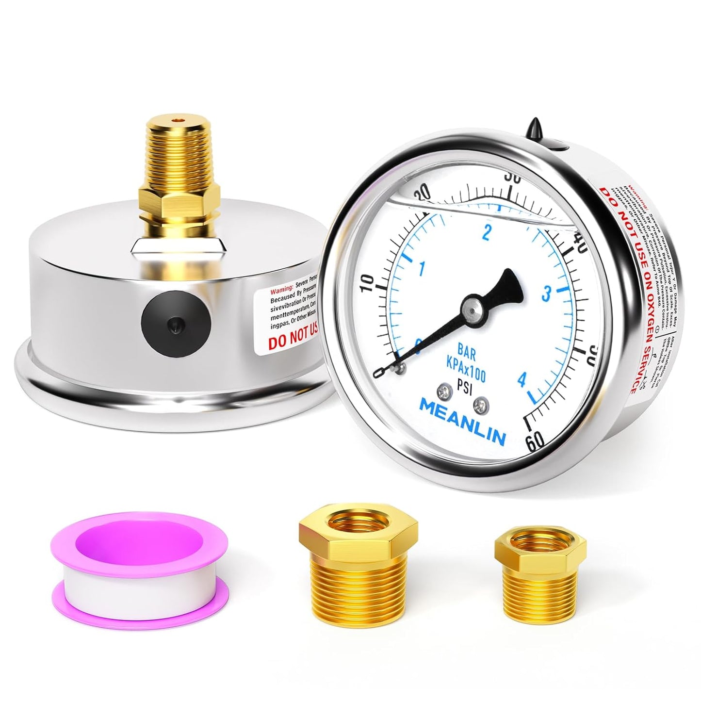 MEANLIN MEASURE 0~60Psi Stainless Steel 1/4" NPT 2.5" FACE DIAL Liquid Filled Pressure Gauge, Pool Sand Filter Pressure Test Center Back Mount, with 1/4" x 1/2" NPT and 1/4" x 3/8" NPT Hex Bushing
