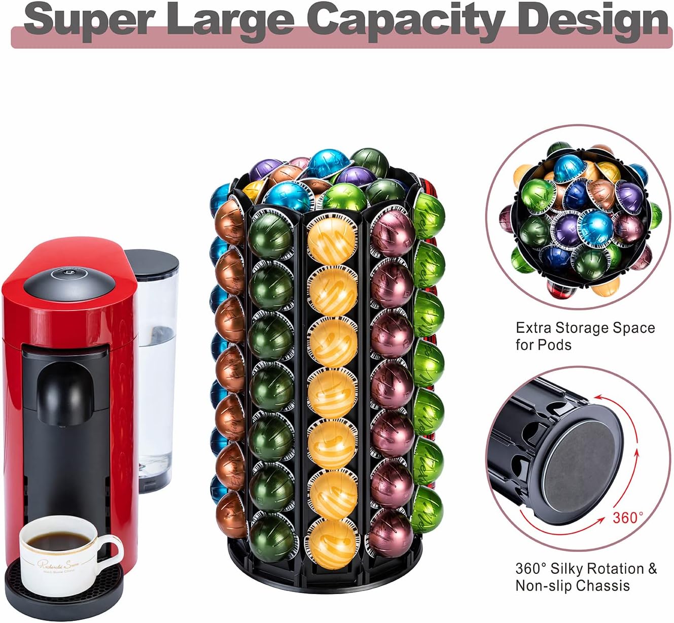 FlagShip for Nespresso Pod Holder Coffee Pod Carousel for Vertuo Pod Storage with Extra Space 360° Silent Rolling (100+ Pods Capacity)