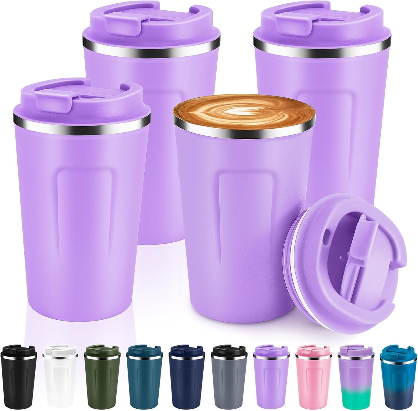 Volhoply 12 oz Double Wall Insulated Vacuum Travel Coffee Mug with Flip Lid Bulk 4 Pack,Reusable Stainless Steel Leak Proof Coffee Cups,Portable Cafe Thermal Tumbler for Hot&Cold Drinks(Purple,4 Set)