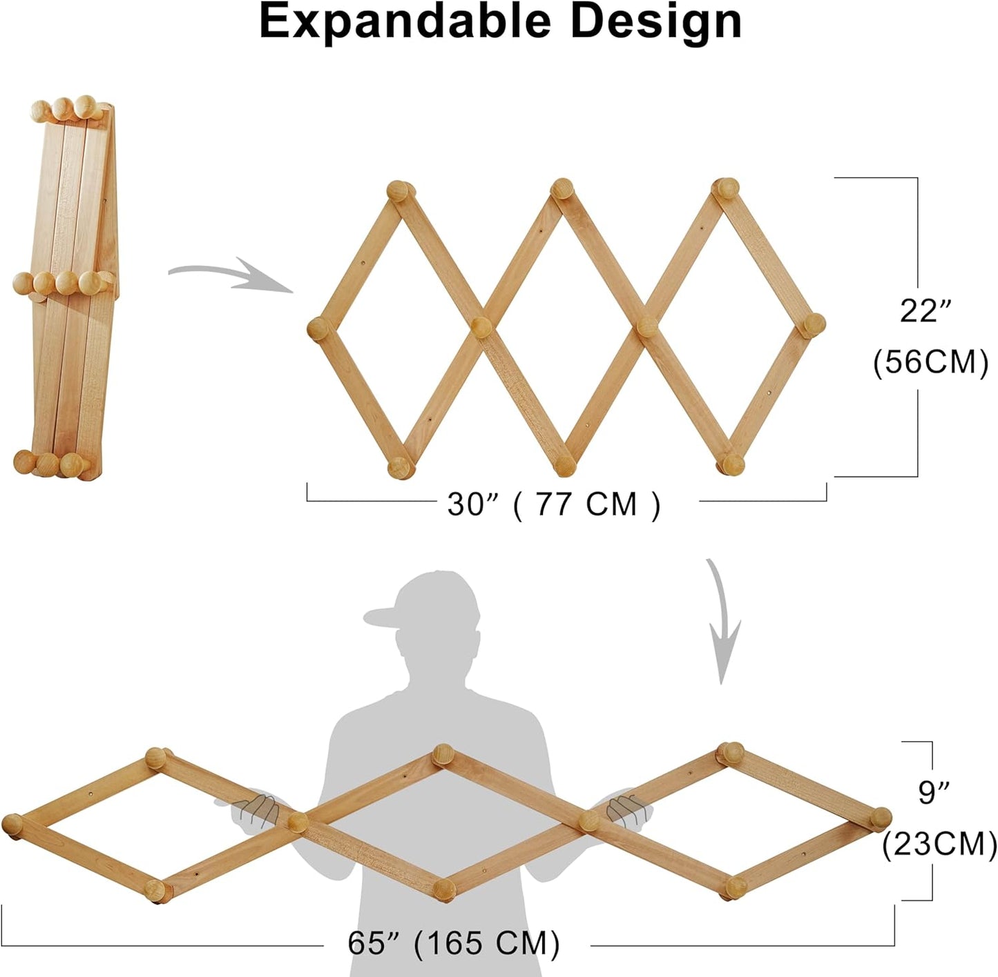 Dseap Expandable Coat Rack (Larger Version) - 24” High, Anti-Slip, Ultra Heavy Duty Wooden Accordian Wall Hanger with 10 Study Peg Hooks for Clothing Hats Jackets Bags, White & Natural