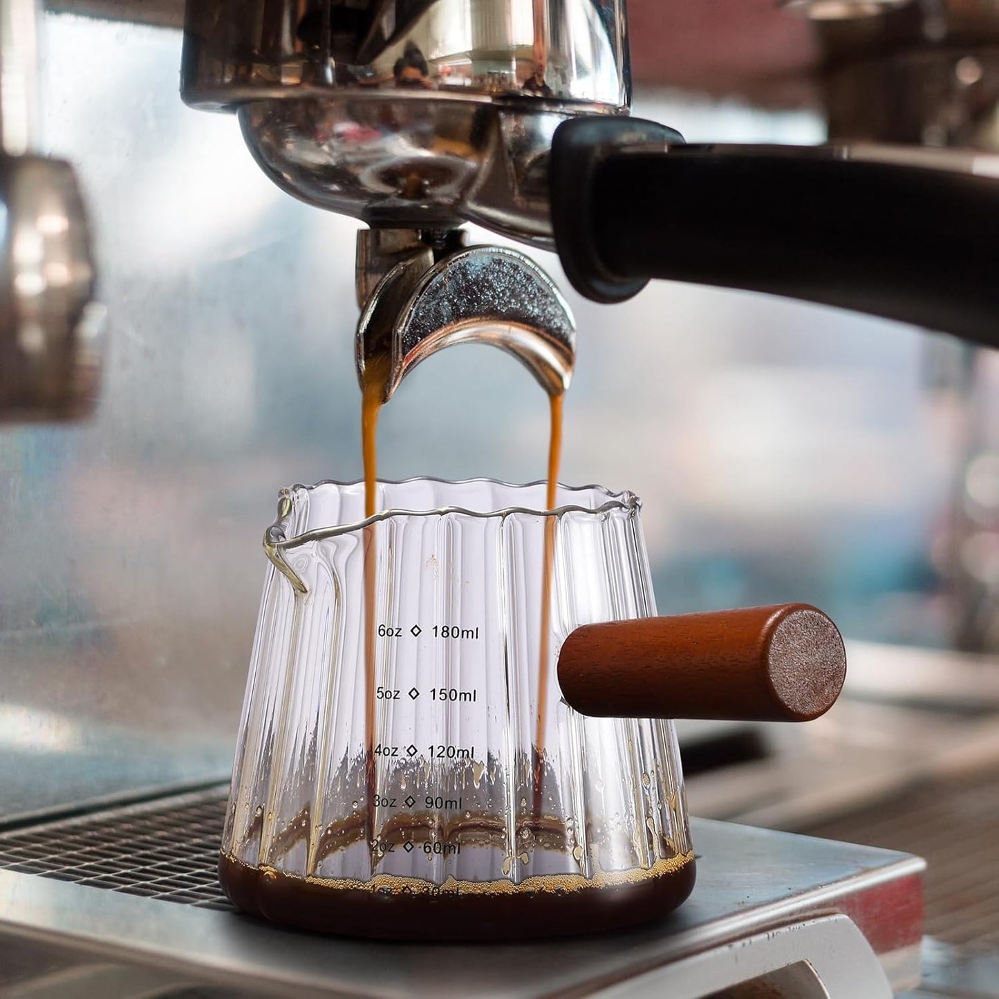Espresso Cups 6 OZ, V-Shaped Spouts Cups, Espresso Shot Glasses with Wood Handle, Ribbed Milk Measuring Cup