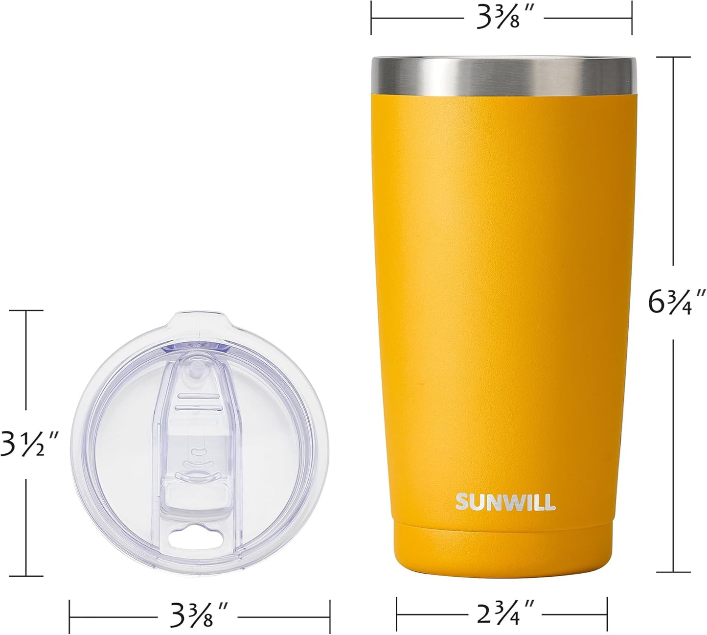 SUNWILL Travel Coffee Tumbler 20 oz, Insulated Mug with Lid, Stainless Steel Cup for Hot and Cold Drinks, Powder Coated Yellow