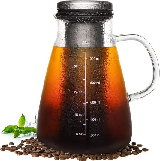 Cold Brew Iced Coffee Maker 34oz, Brewed Coffee Pot with Removable Double Mesh 304 Stainless Steel Filter, BPA-Free Cold Brew Pitcher Glass Container, Tea Maker