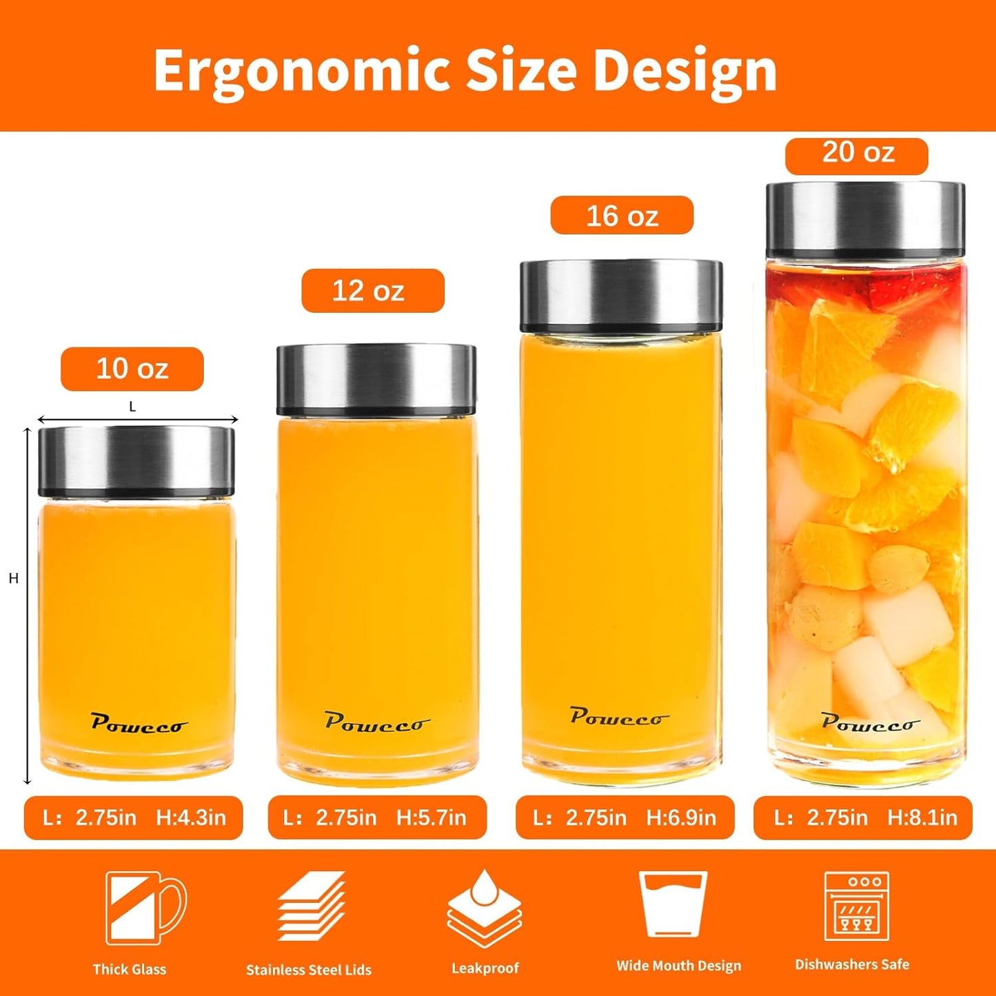 12oz Glass Juice & Water Bottles 4-Pack with Lids- Wide Mouth Reusable Borosilicate Glass- for Juicing, Smoothies, Protein Shakes, Blender & Shaker Bottle- Refillable & Dishwasher Safe(12 oz/400ml)