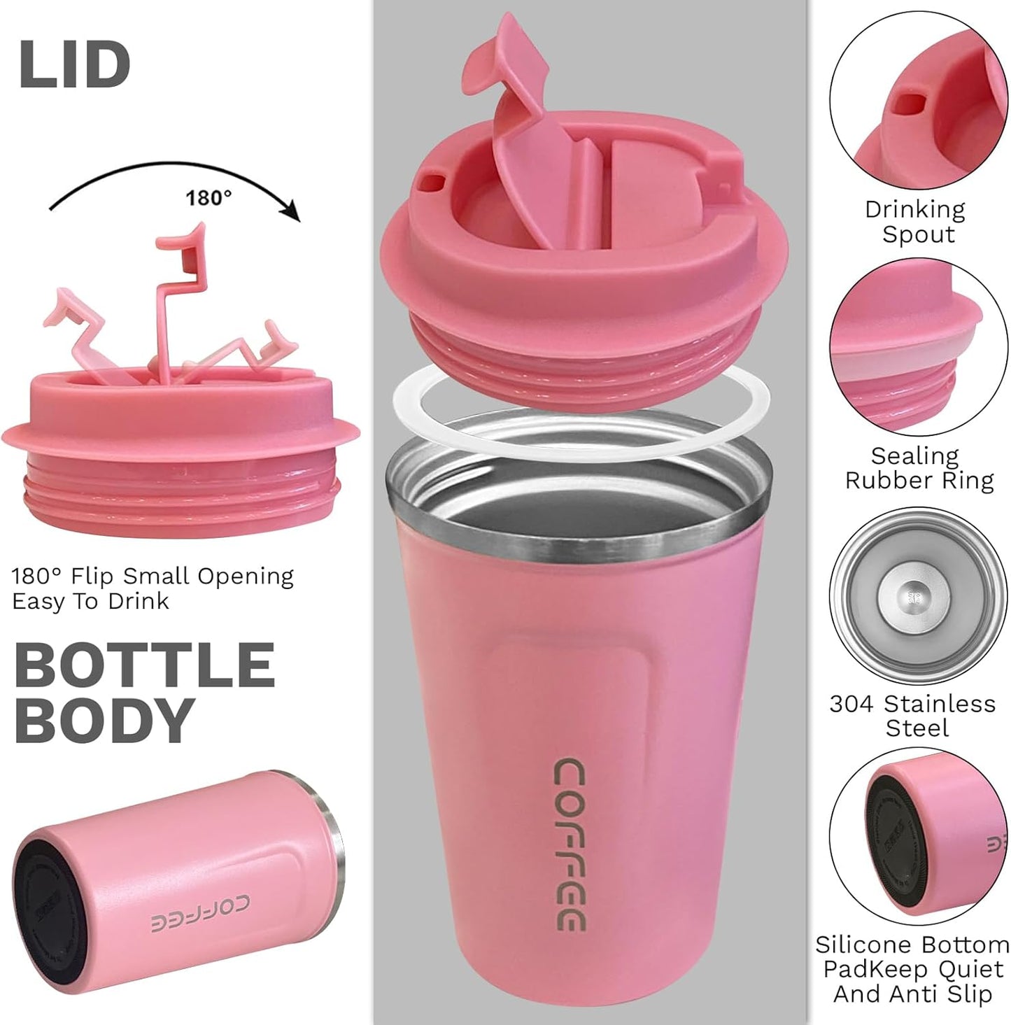 YINBAOGE Insulated Travel Coffee Mug Spill Proof Leak Proof Pobtable To Go Camping Stainless Steel Coffee Tumbler Reusable Coffee Cups with Lids Thermos for Hot and Cold Drink (2nd-Pink, 12 OZ)
