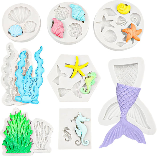 Ocean Chocolate Fondant Mold Set Food-Grade Silicone Baking Molds with Shell, Starfish, Seashell Beach Life Phrases, Reusable for Under the Sea Cakes, Cupcakes & Party Treats - 8 Pack