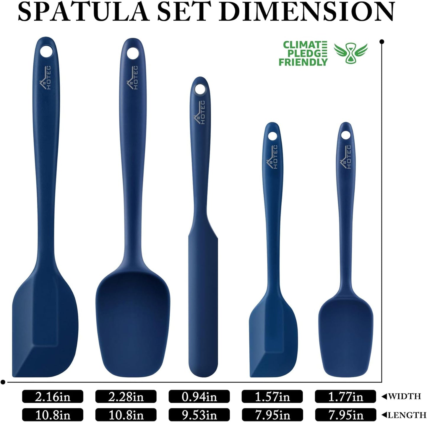 HOTEC 600℉ Heat Resistant BPA-Free Silicone Rubber Spatula Set, Kitchen Cooking Spatulas, Baking, Mixing, for Non Stick Cookware, Dishwasher Safe, Classic Blue Set of 5