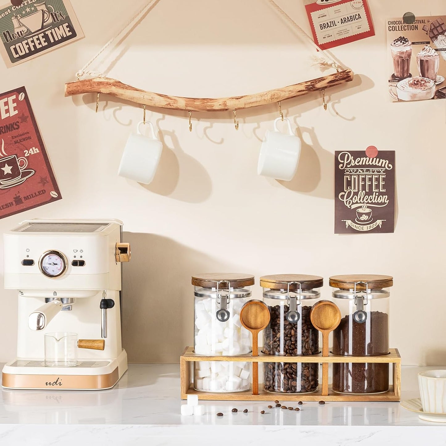 Yangbaga Glass Sugar Coffee Canister with Shelf, 3 x 45OZ Coffee Bean Containers Storage Station Organizer with Airtight Locking Clamp and Log Coffee Scoop, Food Storage Canisters Sets for Kitchen