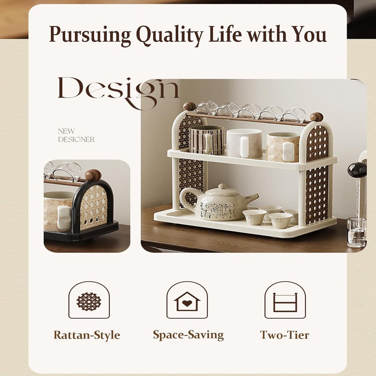 2-Tier Rattan Organizer Vintage Coffee Mug Cup Holder for Countertop Kitchen Bedroom and Living Room, Saucer Bottle Storage Kitchen Accessories (Green)