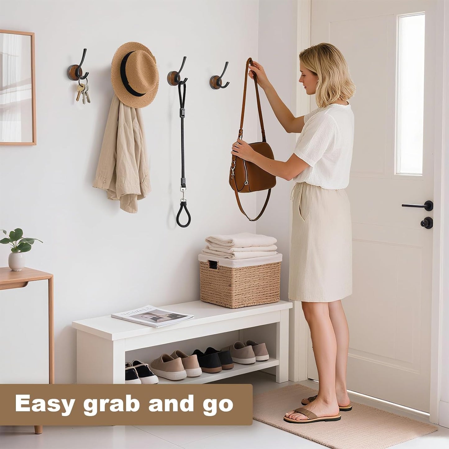 kuaima Coat Hooks Wall Mount, Round Walnut Wood Wall Hanger with Metal Double Hooks, Towel Robe Hooks Heavy Duty, Small, 4 Pcs