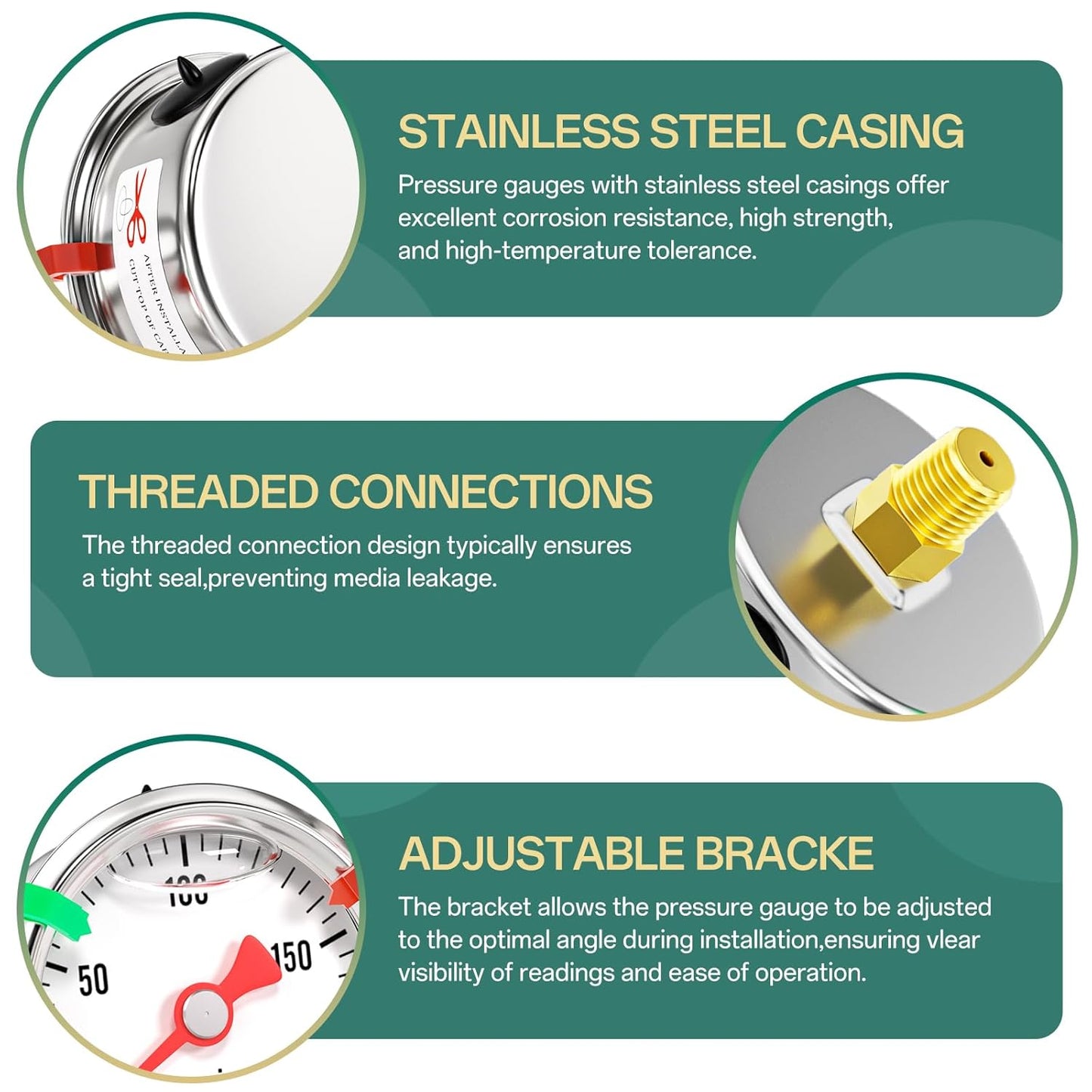 0-200psi Stainless Steel Glycerin Liquid Filled Pressure Gauge 1/8" NPT 1.5" Face Dial, Center Back Mount, for Water, Oil and Air Pressure Testing (with Range Mark Pointer)
