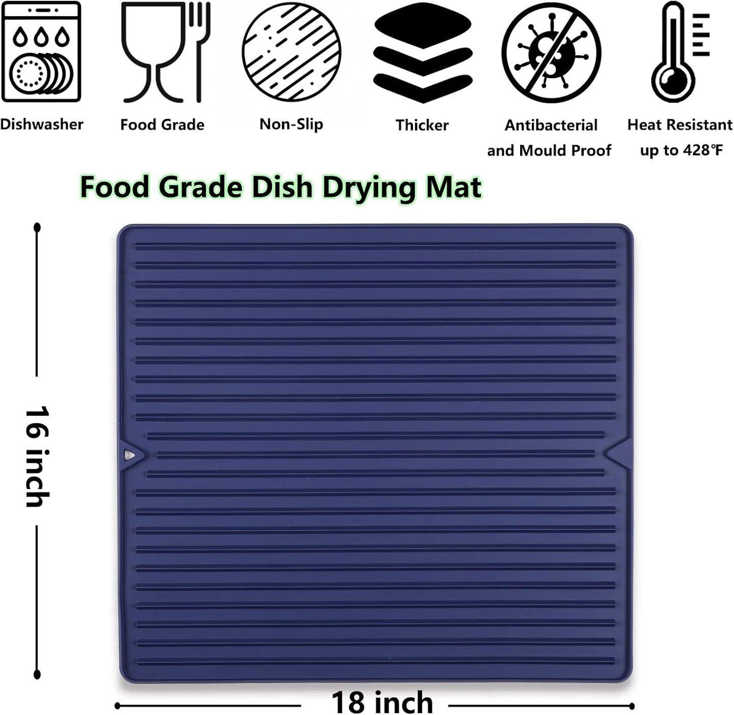 Dish Drying Mat, 16" x 18" Silicone Drying Mat for Kitchen Counter, Large & Thicker Silicone Dish Drying Pad with Raised Edges for Countertop, Multi-Purpose & Heat Resistant