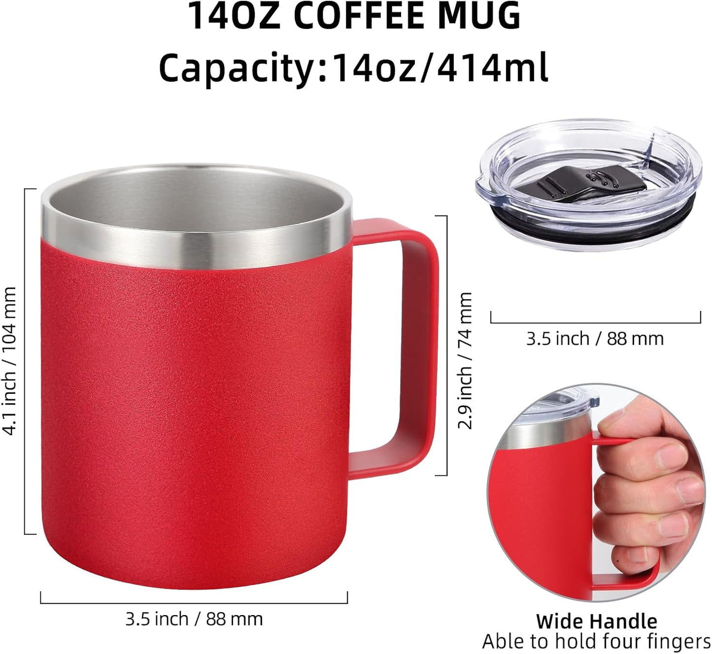 Volhoply 14oz Insulated Stainless Steel Coffee Mug with Leakproof Lid,Double Wall Vacuum Travel Coffee Cup with Handle,Reusable Metal Cups Tumbler,Camping Mugs Keep Hot&Cold,Ideal Gifts(Red,1)