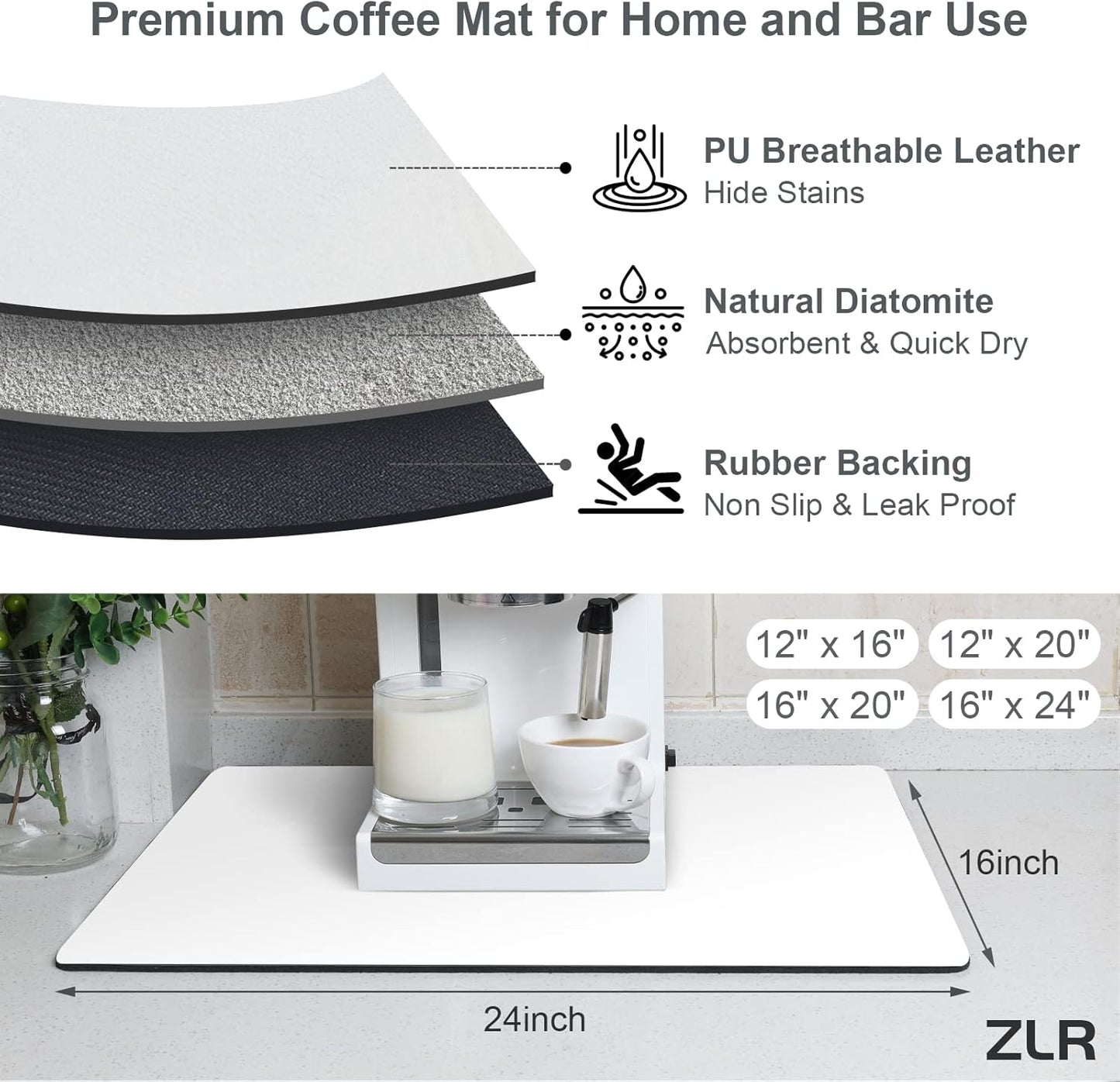 ZLR Coffee Mat - 16" x 24" Extra Large Kitchen Hide Stain Absorbent Dish Drying Mat for Countertop - Easy to Clean Coffee Bar Mat for Espresso Machine and Spill Protection - Milk White