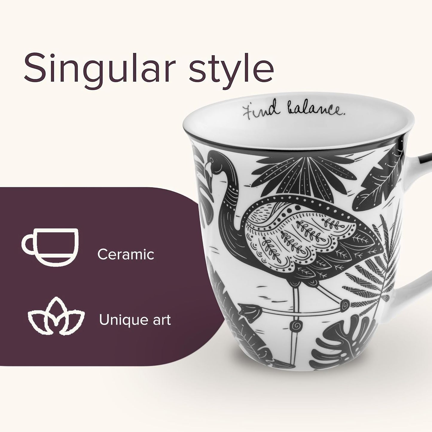 Karma Gifts 14 oz Black and White Boho Mug Flamingo - Cute Coffee and Tea Mug - Ceramic Coffee Mugs for Women and Men