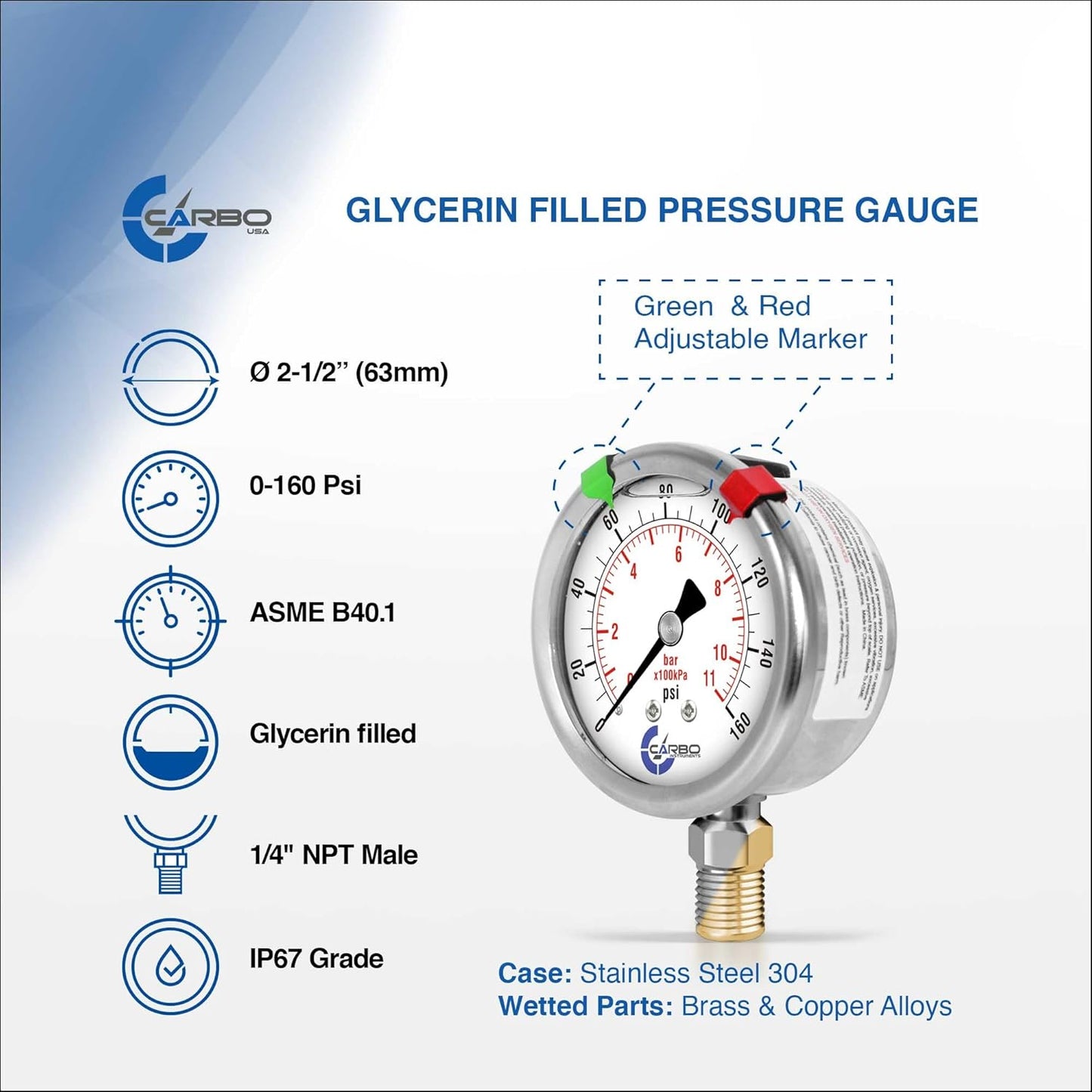 Stainless Steel Pressure Gauge Dual Display (0-160 psi/kPa) - 2 1-2" Glycerine Liquid Filled Water Air Oil Gas Gauge with Polycarbonate Lens & Brass Connection - 1/4" NPT Lower Mount