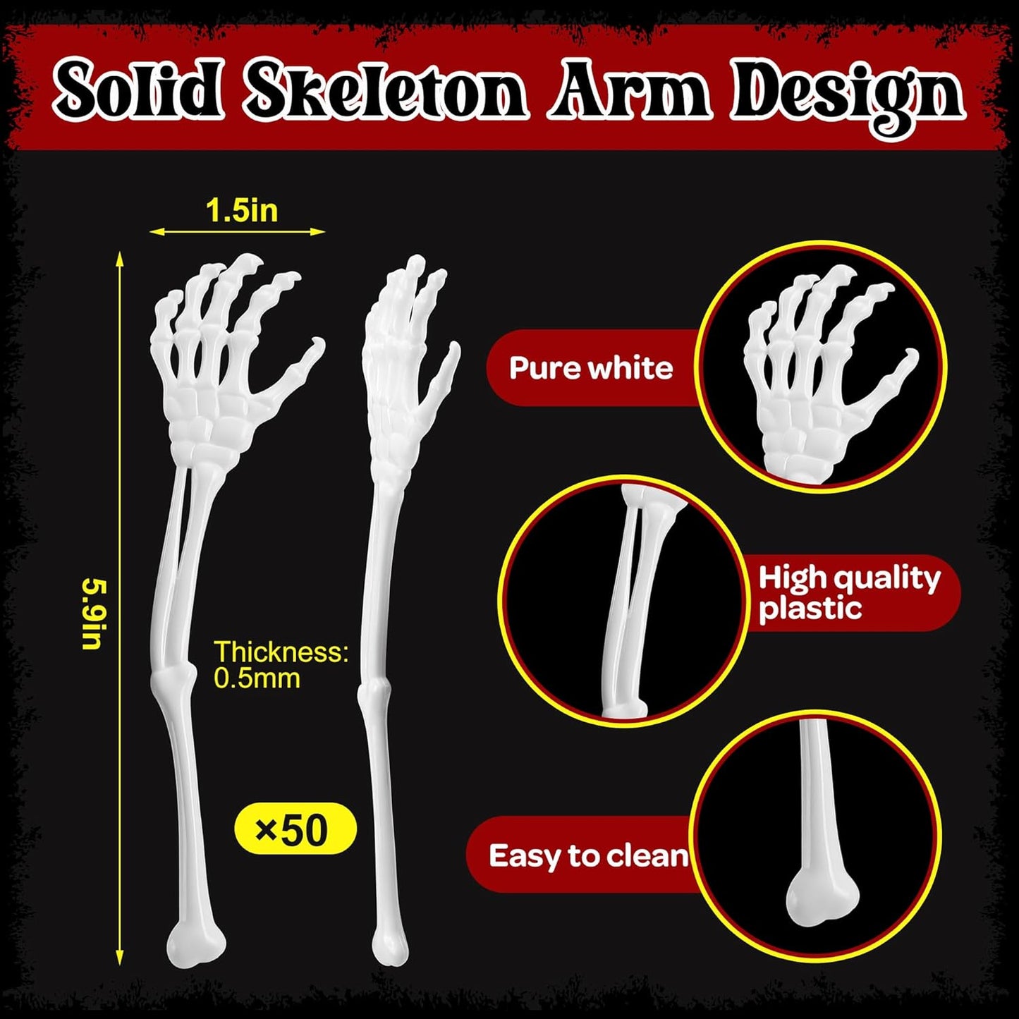 RunNico 50 Pcs 5.9''x1.5'' Halloween Skeleton Cocktail Stirrers, Reusable Skeleton Hand Swizzle Sticks, Halloween Plastic Drink Stirrer for Home Bar Horror Party Table Decorations Photo Props