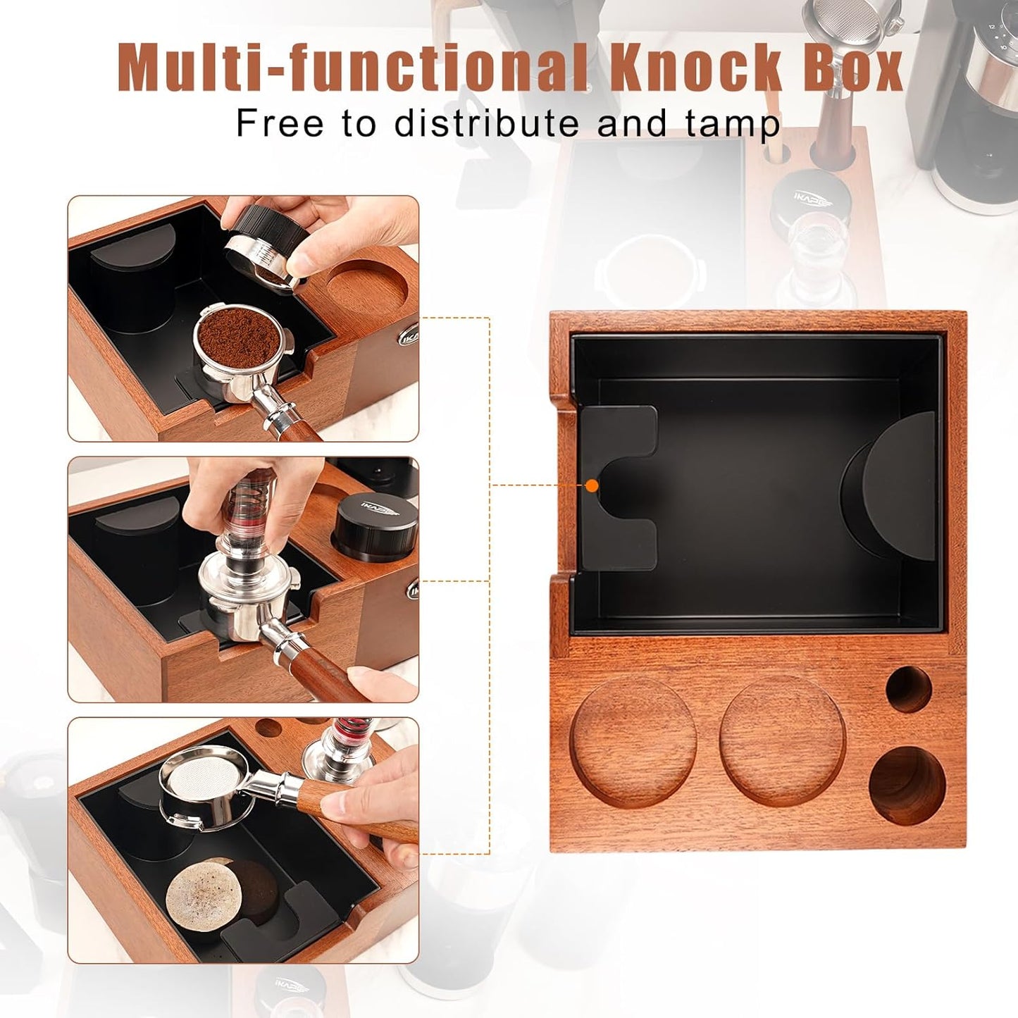 IKAPE Espresso Knock Box, Espresso Coffee Organizer Box Fit for Storage 51, 54, 58MM Espresso Tamper, Distributor, Portafilter & Puck Screen Accessories, Natural Sandywood Station Base