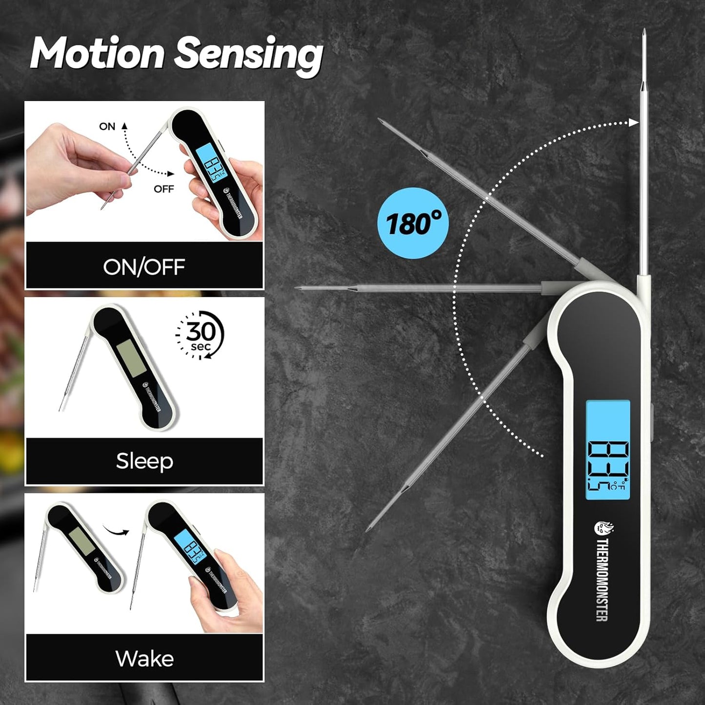 0.5 Sec Instant Read Meat Thermometer Digital with ±0.5℉ Precision, 100% Waterproof Auto Flip Bright LCD Screen, Motion Sensing Food Thermometer for Cooking Kitchen Oven Grill Candy BBQ, White