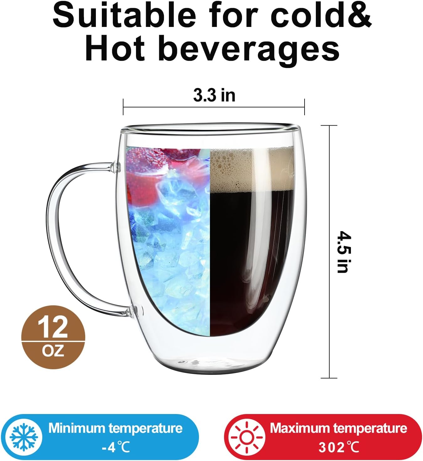 Aurzen 4 Pack Double Walled Glass Coffee Mugs with Handles, Large Insulated Layer Coffee Cups, Clear Borosilicate Mugs, Perfect for Cappuccino, Tea, Microwave Safe (12oz-4Pack)