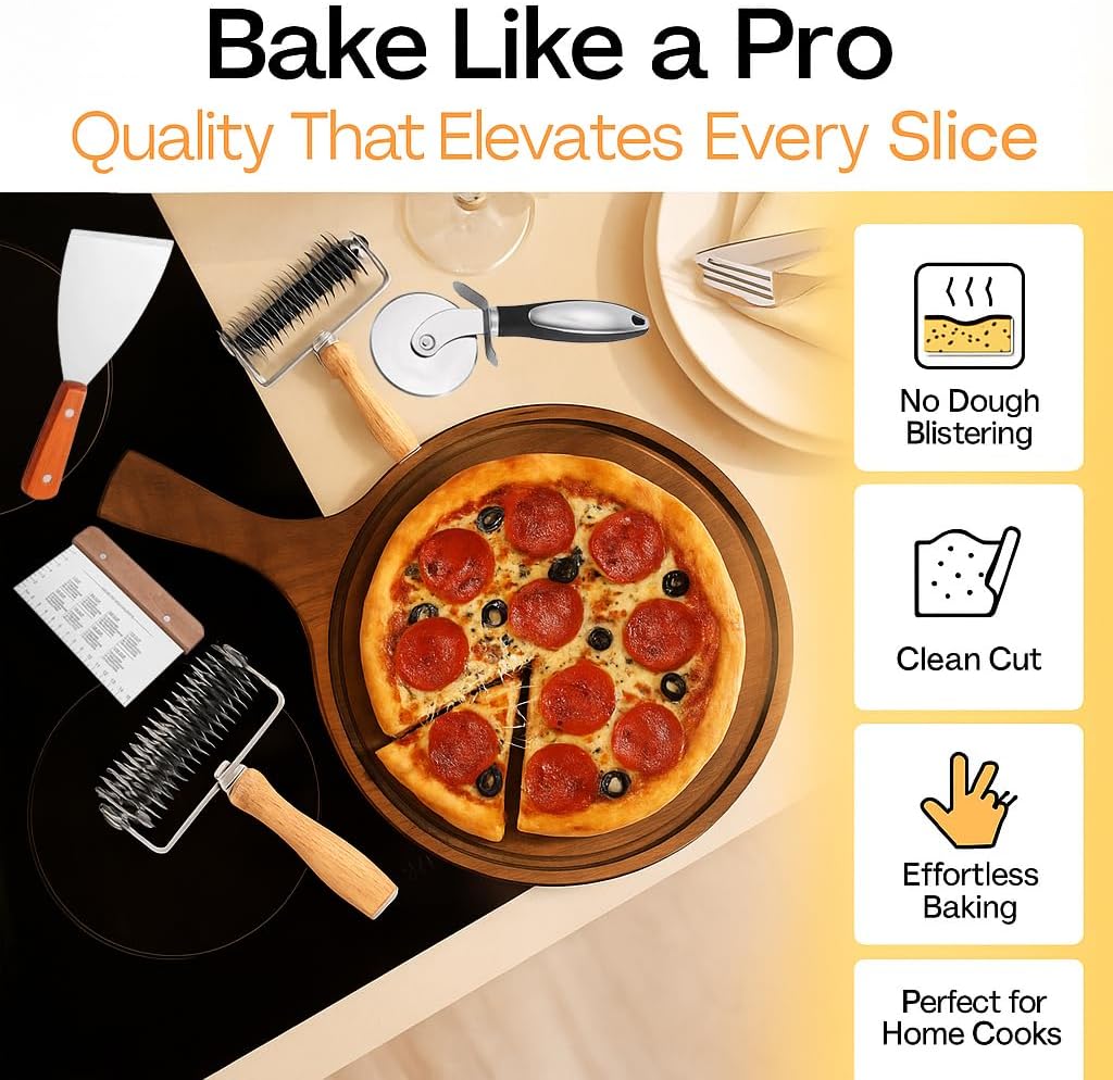 4 PCS Lattice cutter pastry tool roller with bench scraper and pizza cutter – stainless steel wood handle for pie top crust rolling, puff pastry, sourdough, bread, kitchen tools