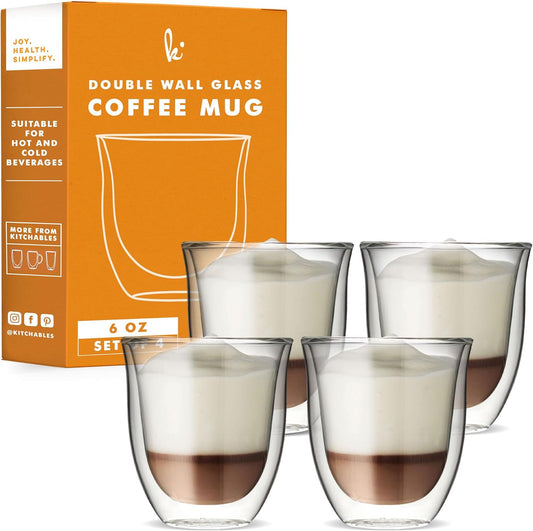 Kitchables Double Walled Glass Coffee Mugs Set of 4, 6oz Insulated Glass Coffee Mugs for Cappuccino, Latte, Tea, Espresso - Demitasse Latte Cup - Tazas Para Cafe