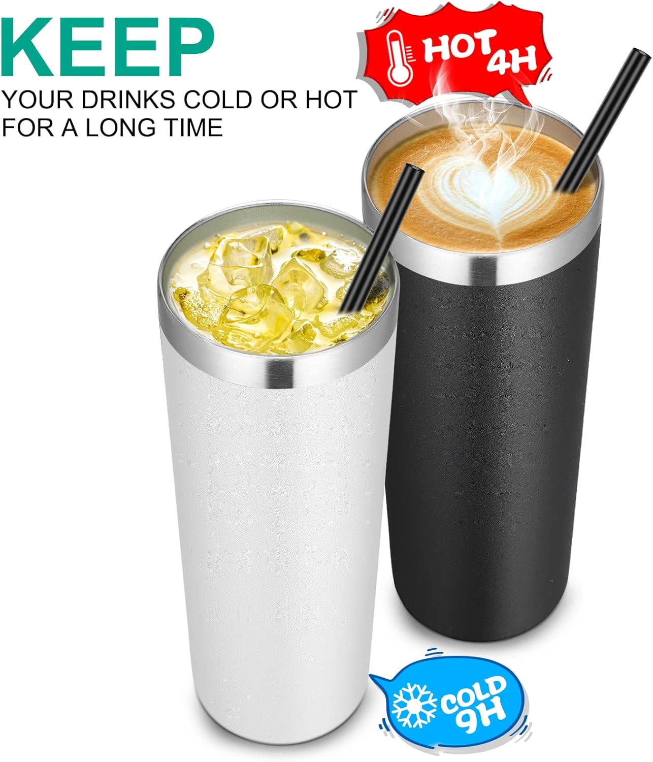 VEGOND Stainless Steel Tumblers Bulk 6 Pack, 20 oz Vacuum Insulated Skinny Tumblers with Lid and Straw, Double Wall Coffee Mug, Travel Water Cup, Black