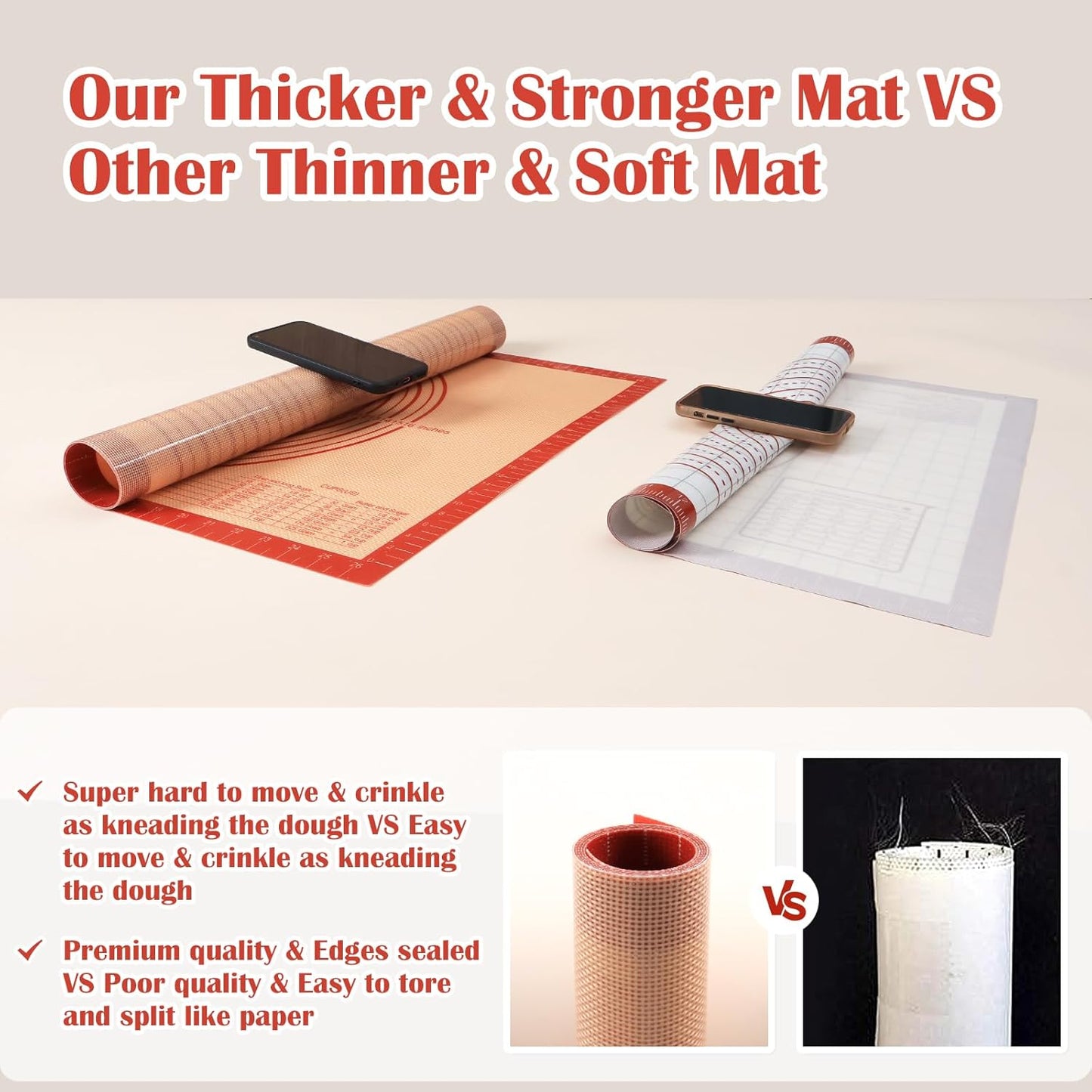 Non-slip Silicone Pastry Mat Extra Large with Measurements 36''By 24'' for Baking Mat, Counter/Dough Rolling/Oven Liner/Fondant/Pie Crust（Red）