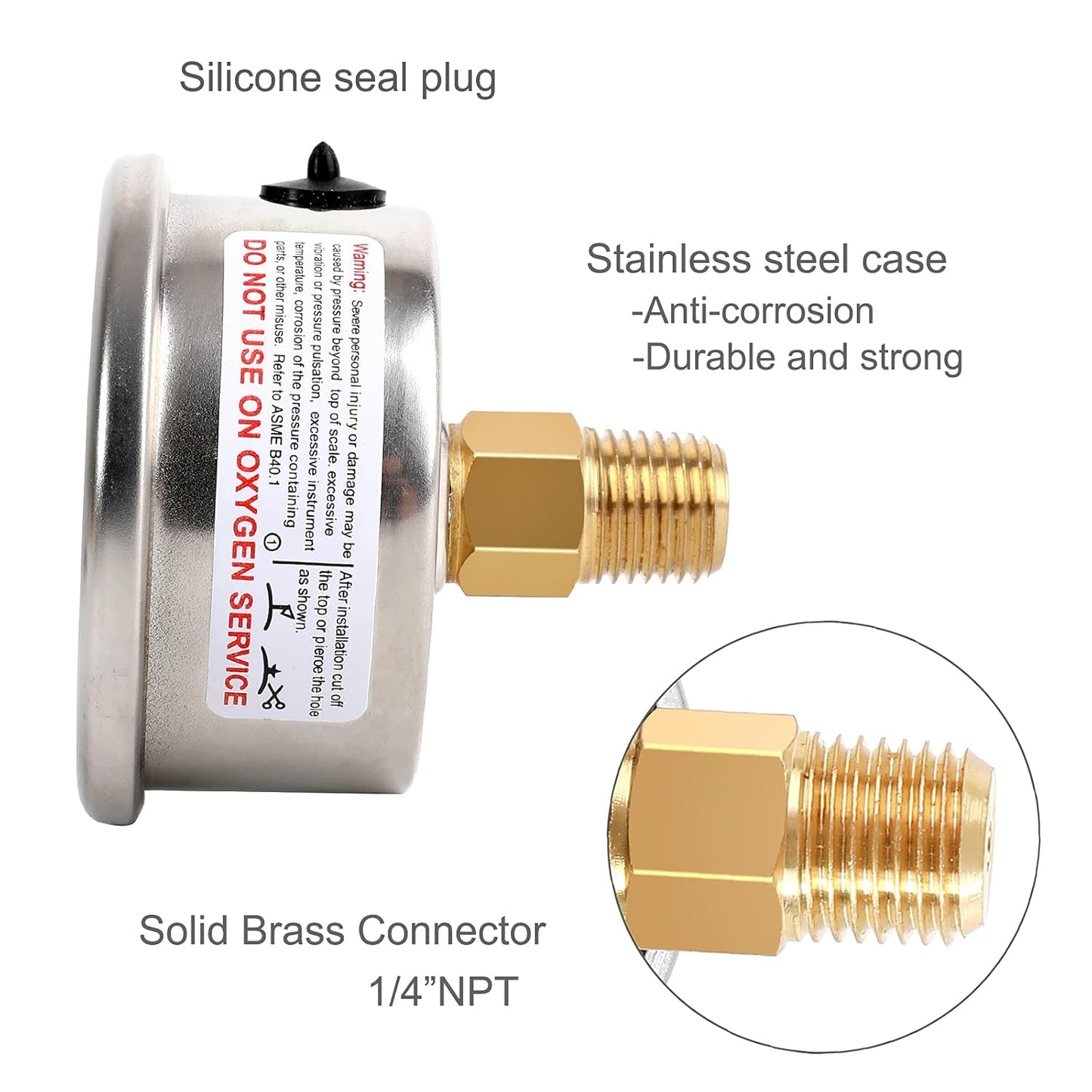 Glycerin Filled Pressure Gauge 600psi/40bar, Stainless Steel case, Brass Inside Construction, 2-1/2" dial, 1/4" NPT Back Connection.……