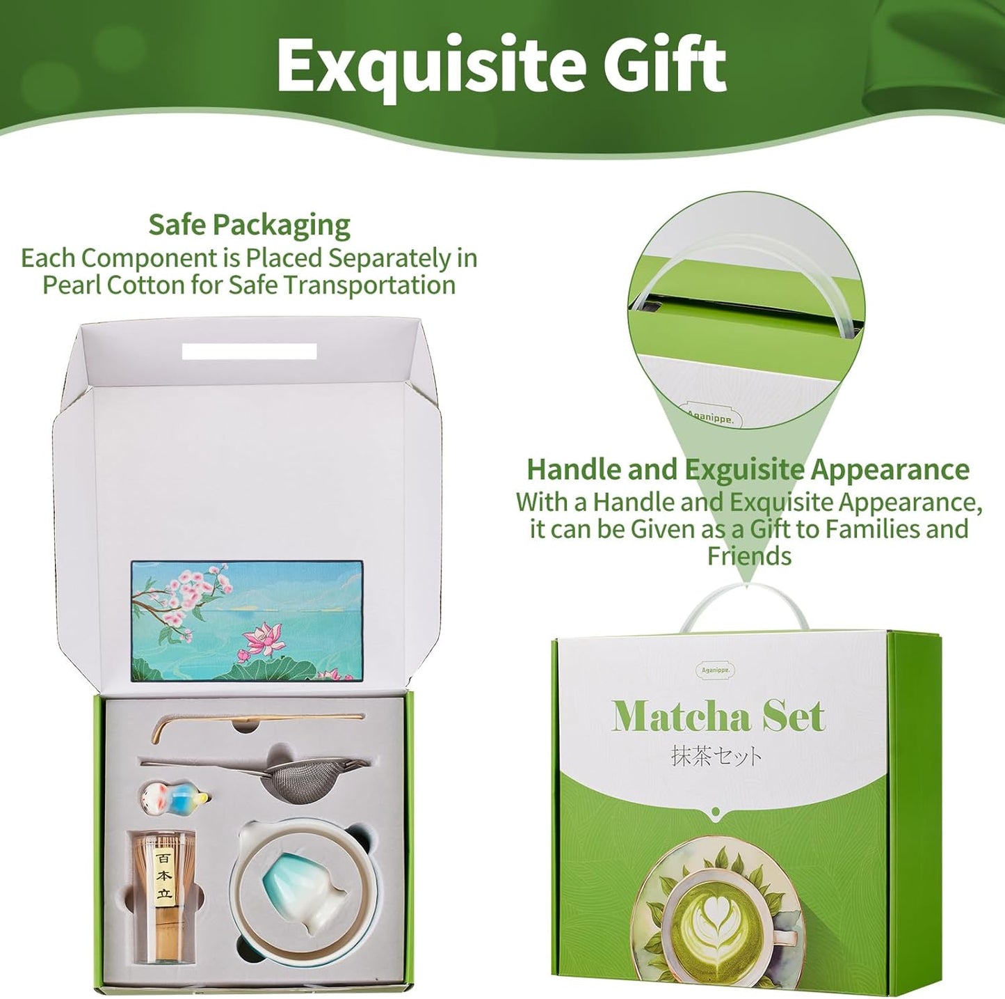 Aganippe 7 Pcs Matcha Whisk Set,Matcha Set, Matcha Kit, Matcha Tea Set,Matcha Bowl Set with Cat Scoop Holder, Tea Cloth, Sifter(Gradient Turquoise)